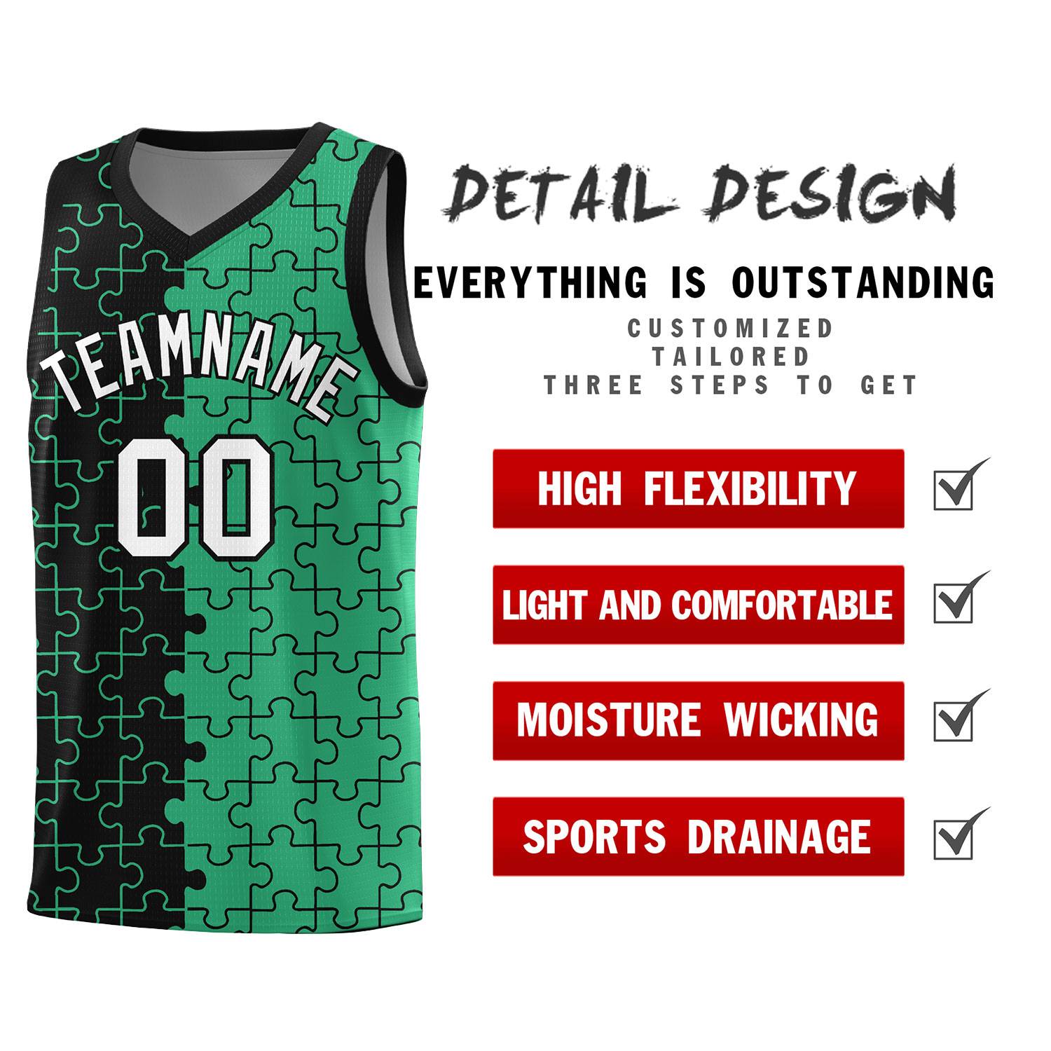 Custom Youth Basketball Jersey Black Green Puzzle Pattern Personalized Team Uniform