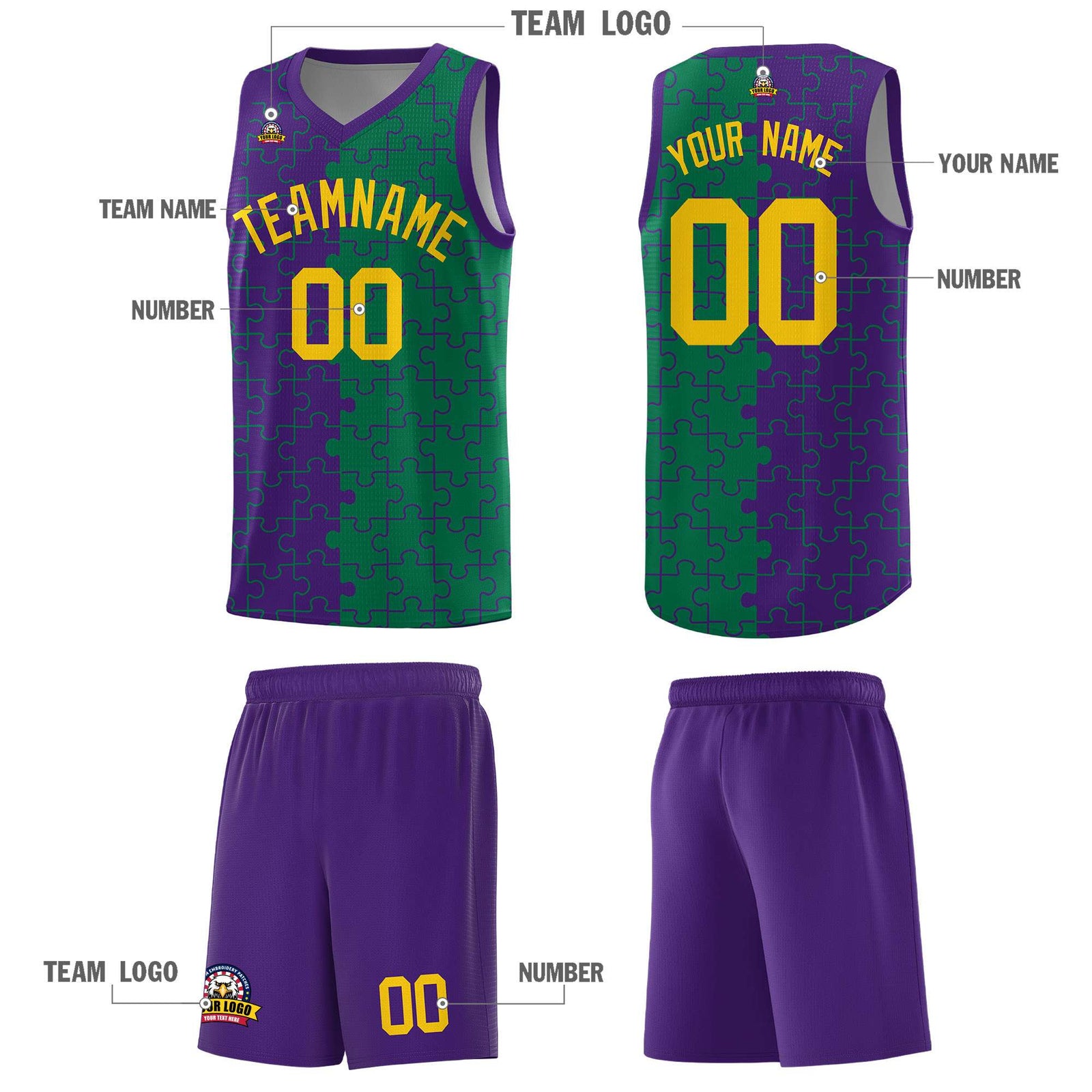 Custom Youth Basketball Jersey Purple Kelly Green Puzzle Pattern Breathable Team Uniform