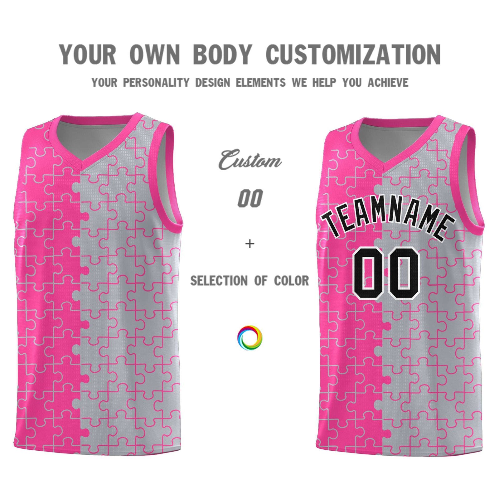Custom Youth Basketball Jersey Pink Gray Puzzle Pattern Personalized Team Uniform