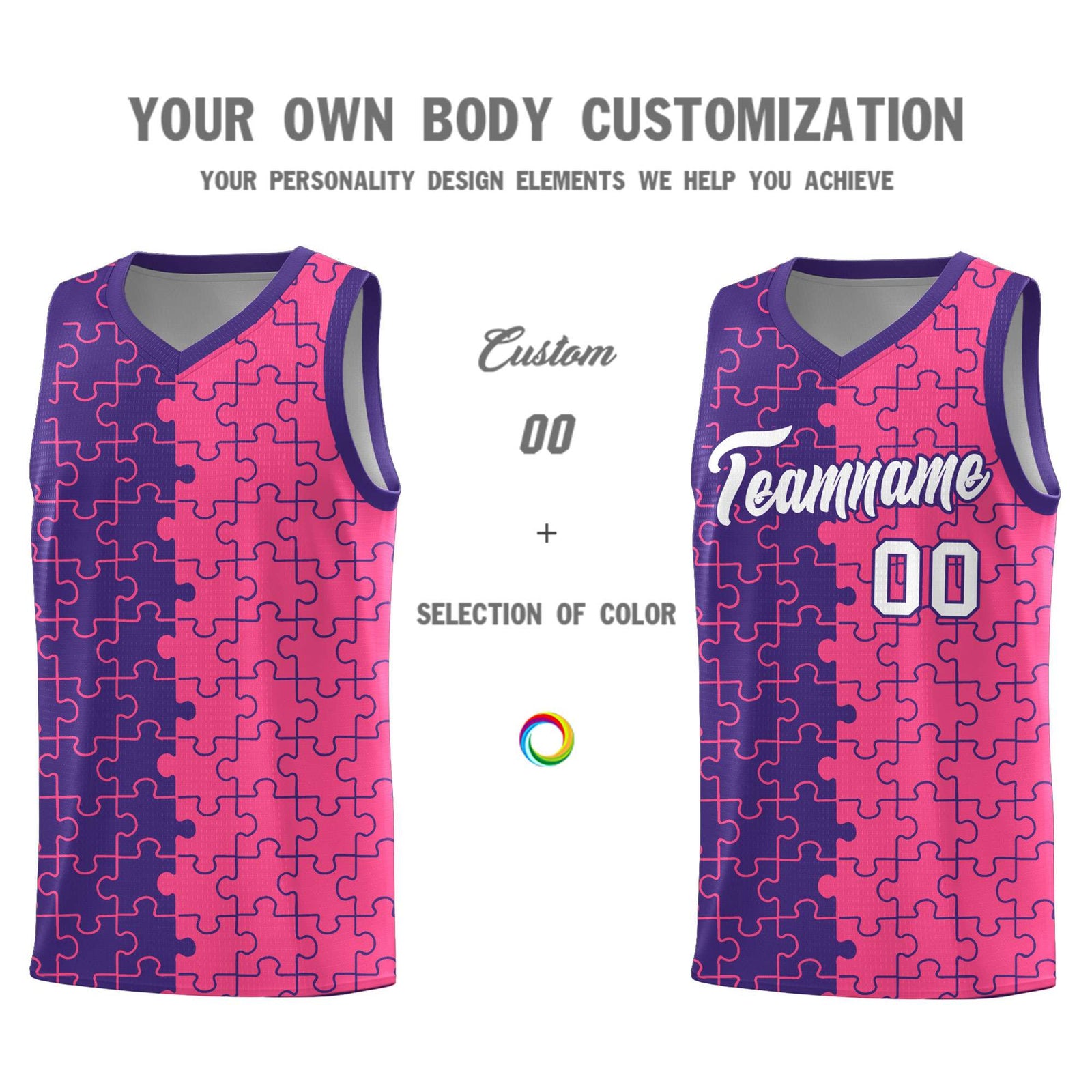 Custom Youth Basketball Jersey Purple Pink Puzzle Pattern Breathable Team Uniform