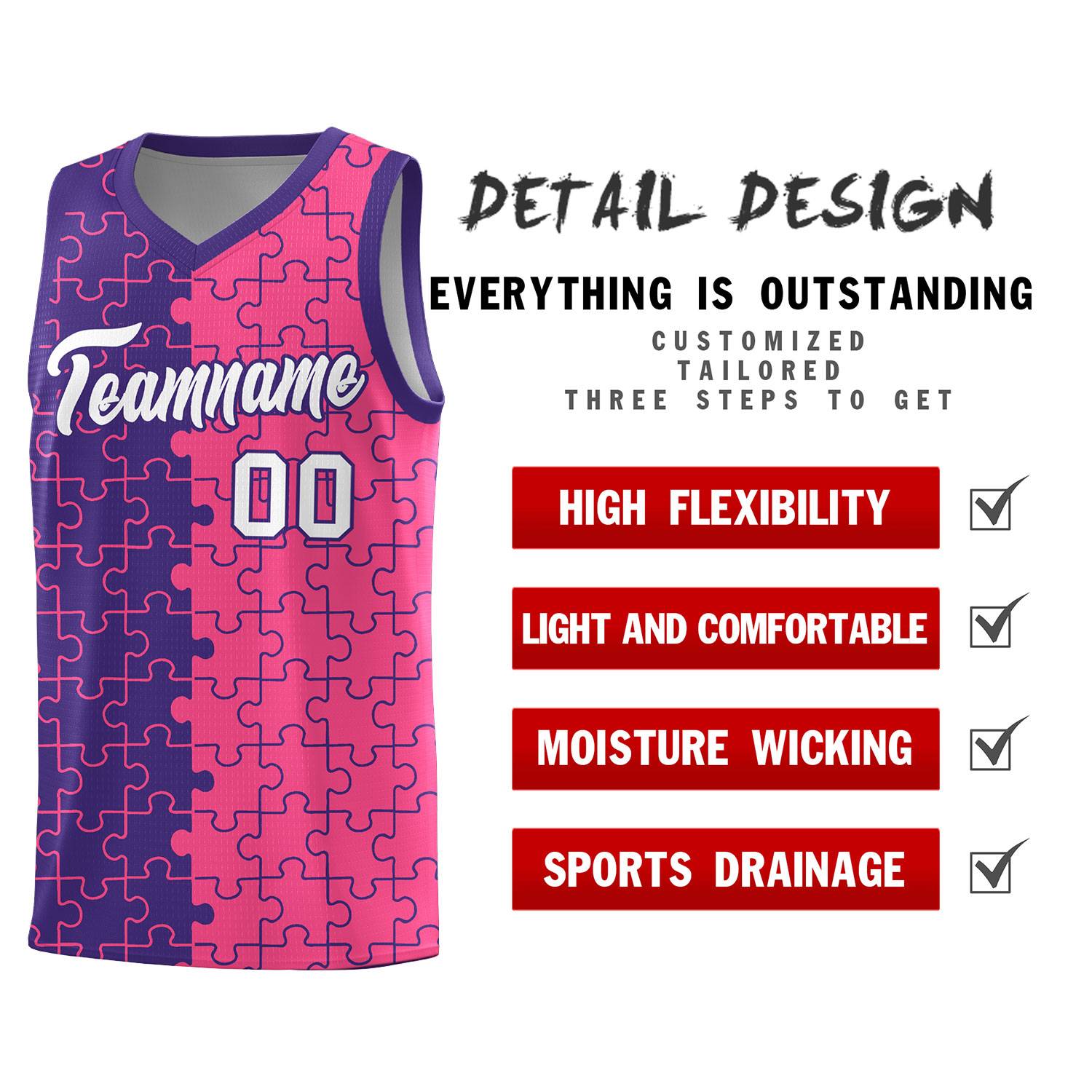Custom Youth Basketball Jersey Purple Pink Puzzle Pattern Breathable Team Uniform