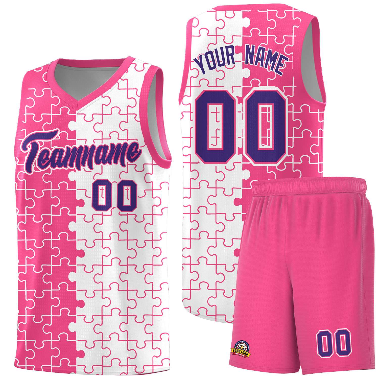 Custom Youth Basketball Jersey Pink White Puzzle Pattern Moisture-Wicking Team Uniform