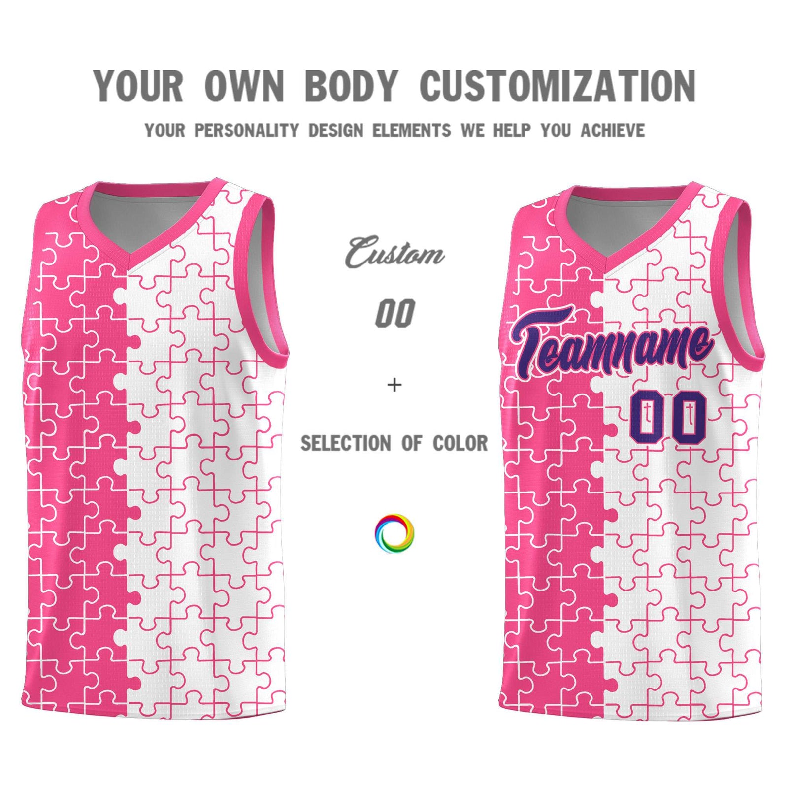 Custom Youth Basketball Jersey Pink White Puzzle Pattern Moisture-Wicking Team Uniform