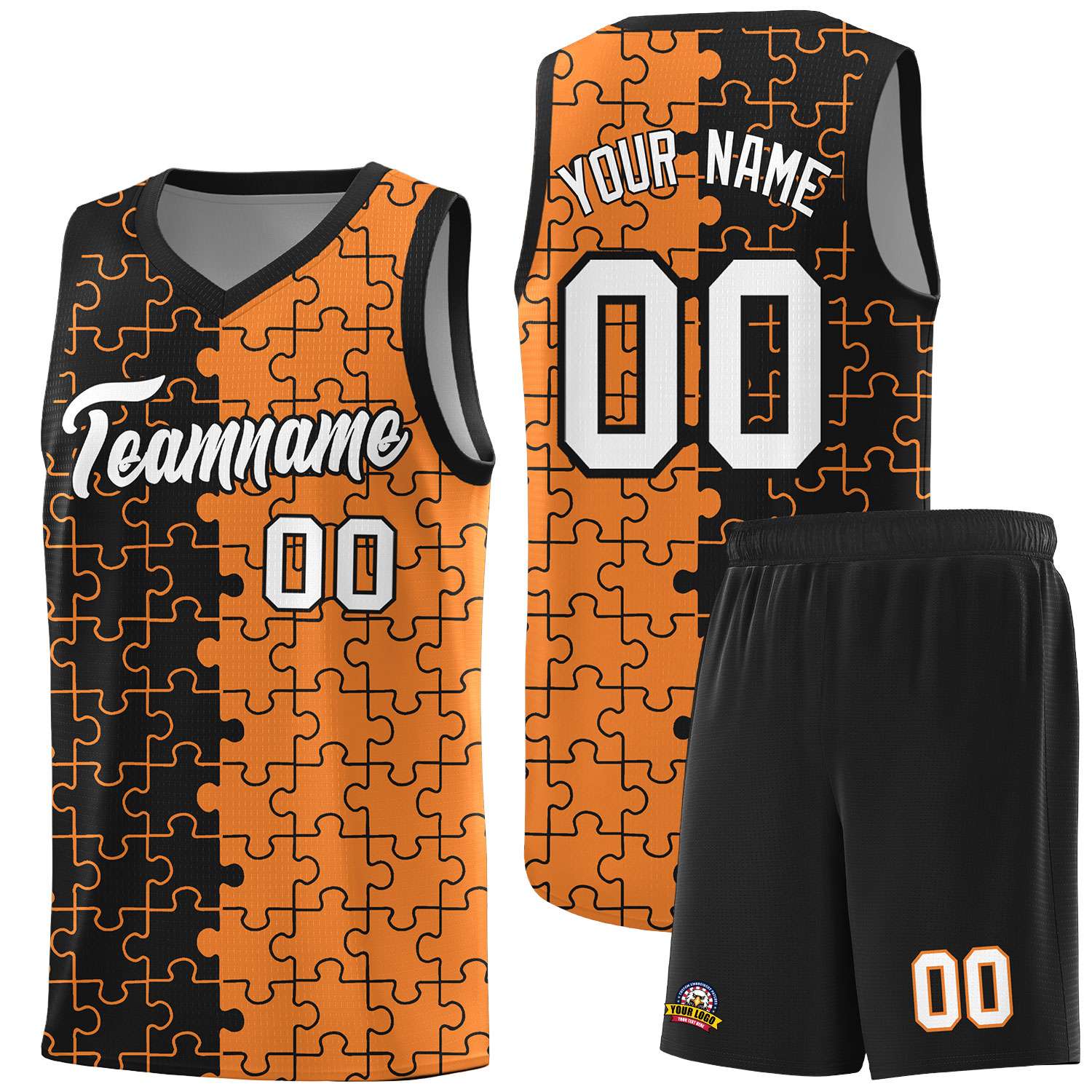 Custom Youth Basketball Jersey Black Gold Orange Puzzle Pattern Add Name, Number & Team Logo