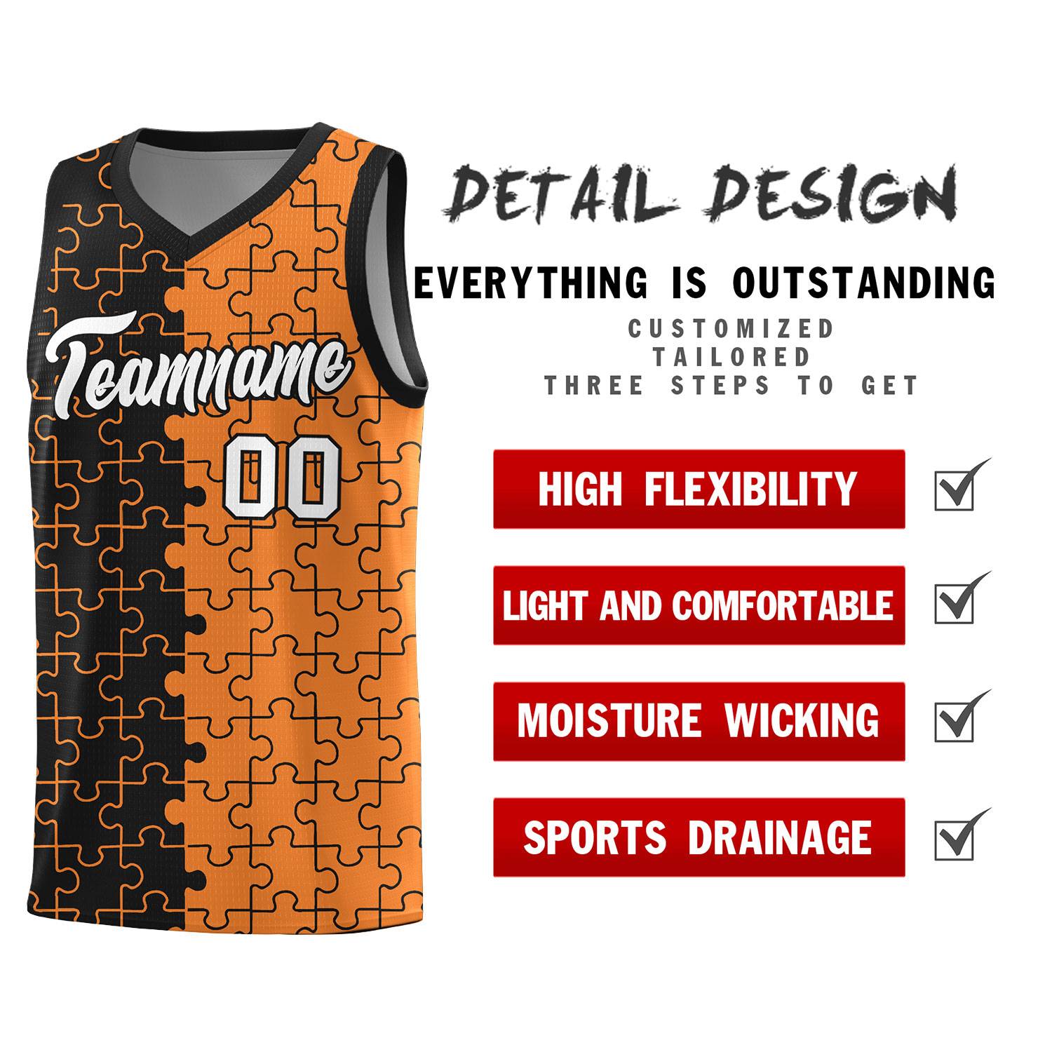 Custom Youth Basketball Jersey Black Gold Orange Puzzle Pattern Add Name, Number & Team Logo