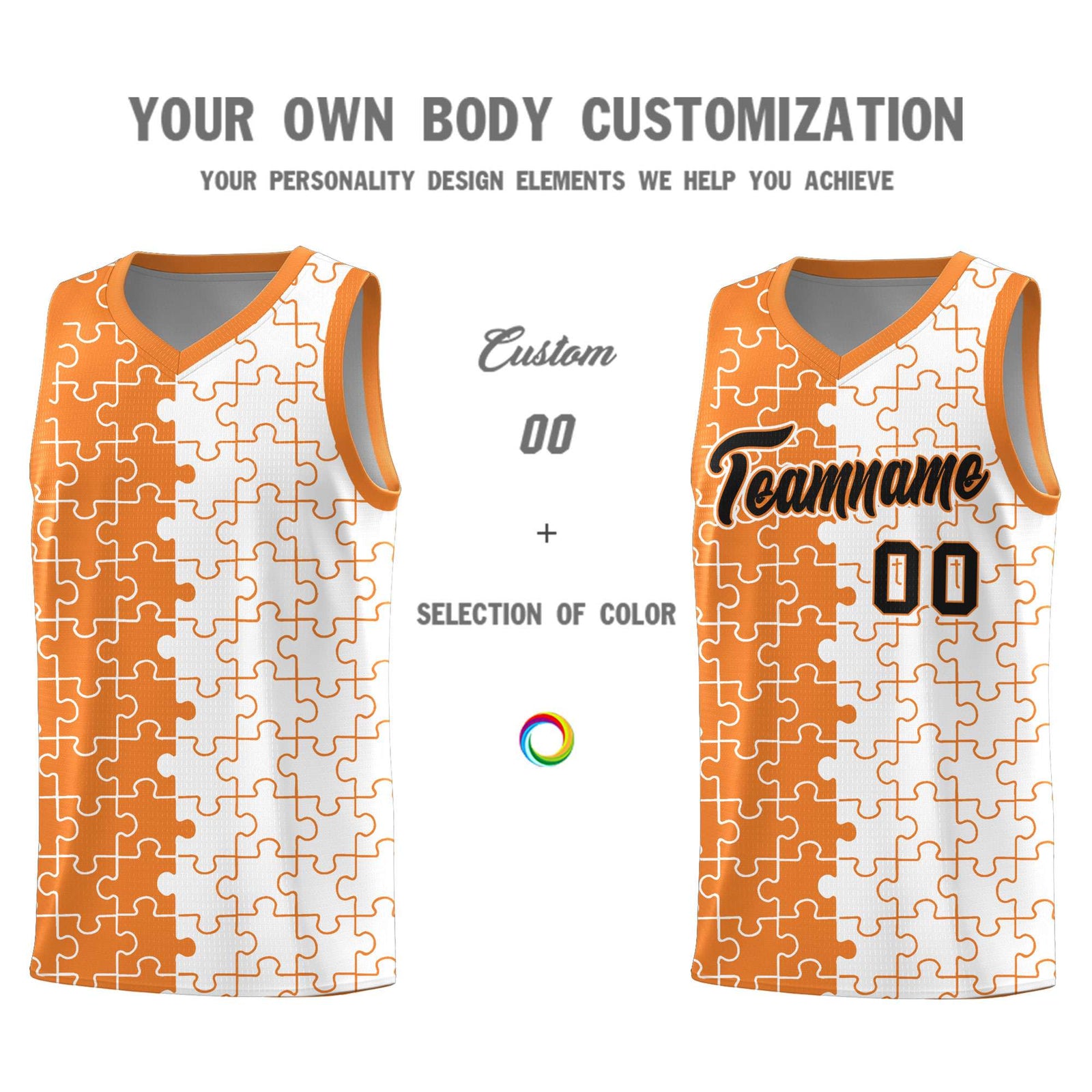 Custom Youth Basketball Jersey Gold Orange White Puzzle Pattern Breathable Team Uniform