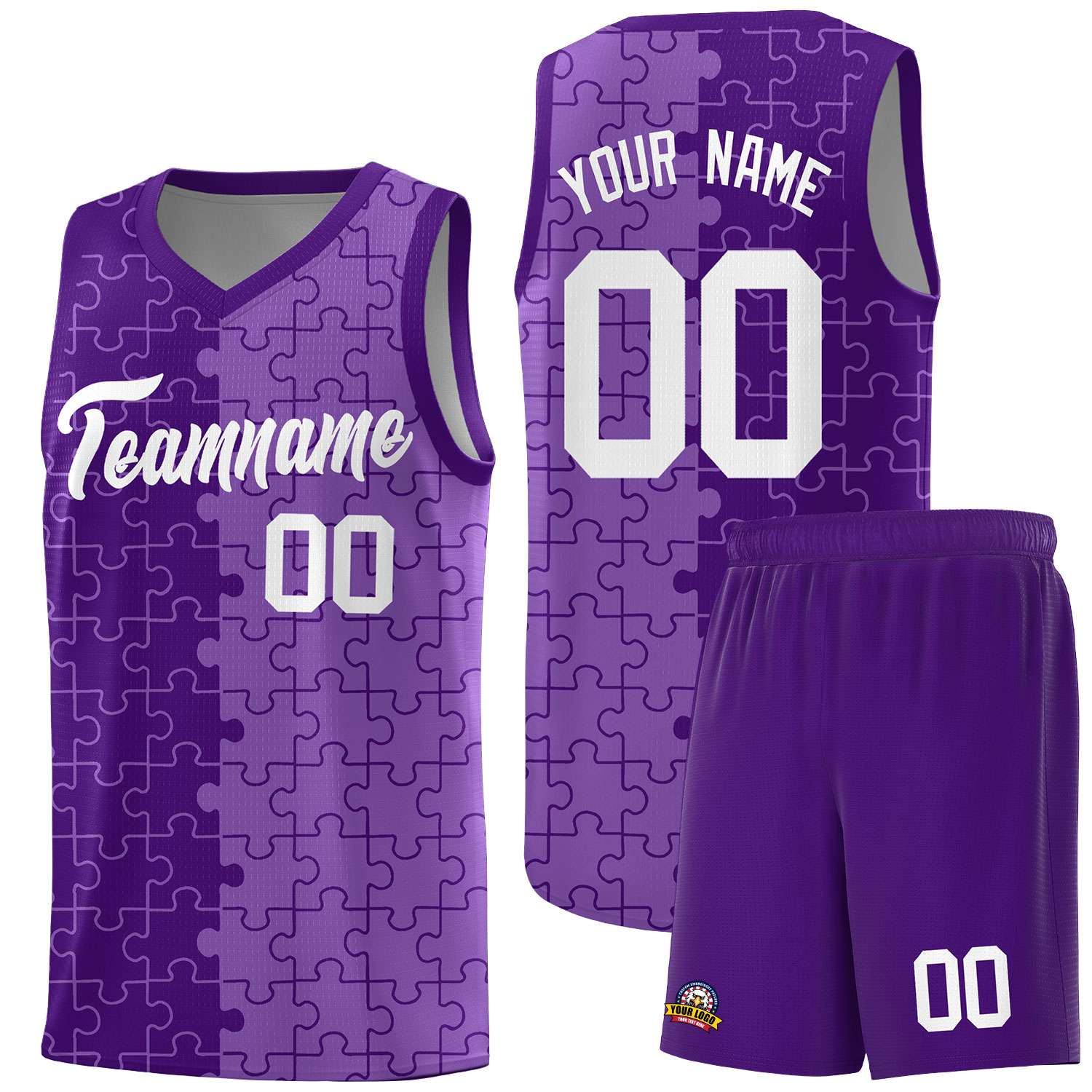 Custom Youth Basketball Jersey Purple Light Purple Puzzle Pattern Add Name, Number & Team Logo