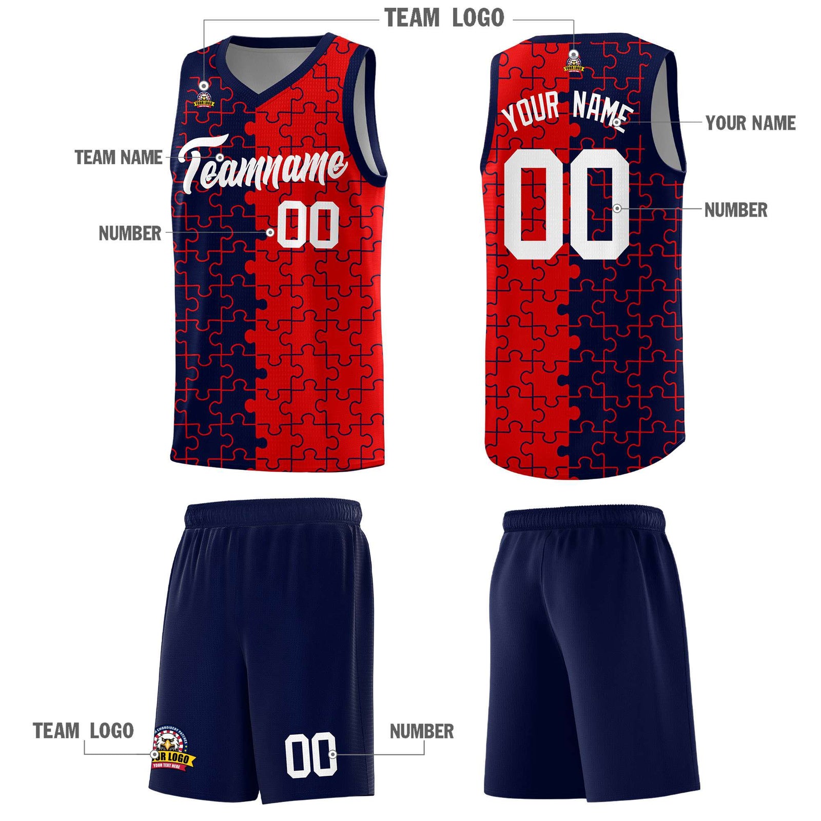 Custom Youth Basketball Jersey Navy Red Puzzle Pattern Personalized Team Uniform