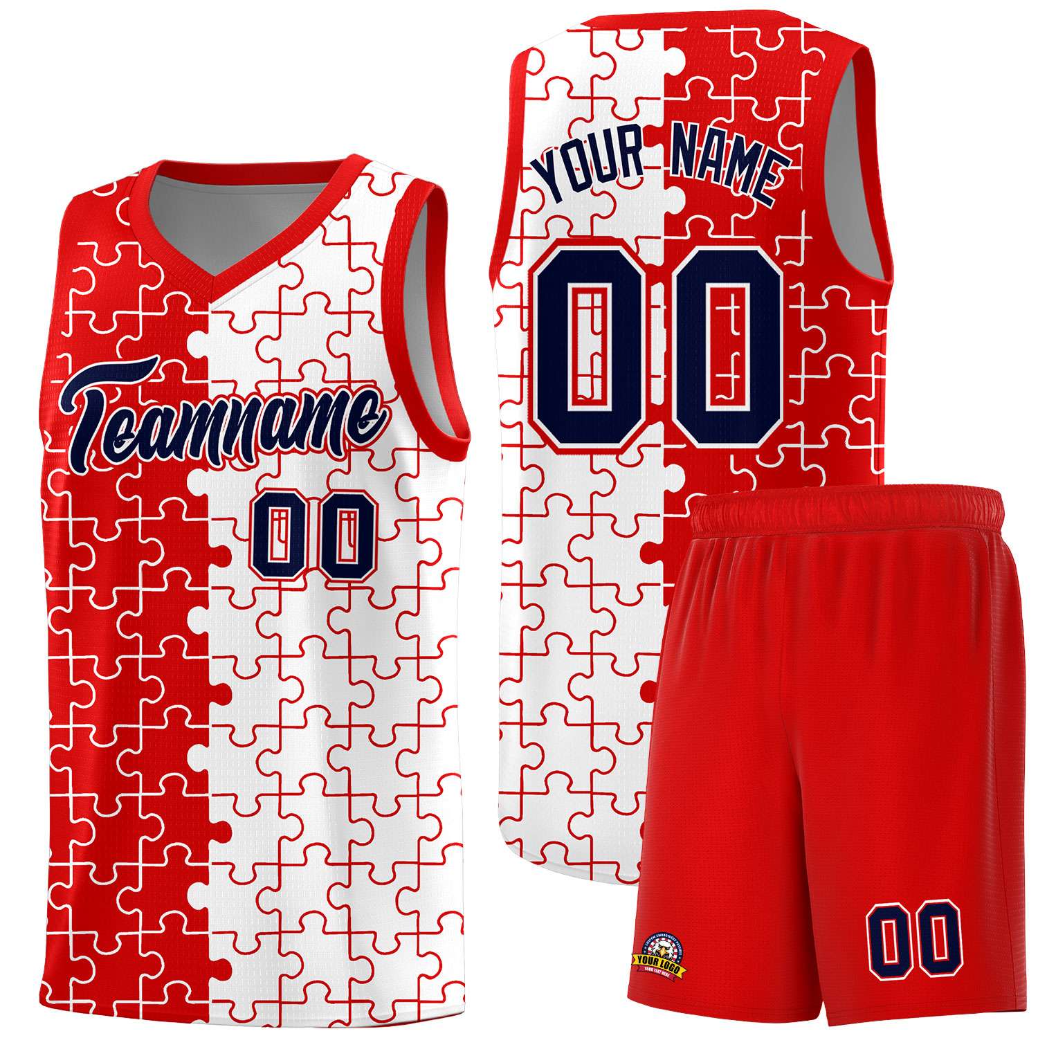 Custom Youth Basketball Jersey Red White Puzzle Pattern Add Name, Number & Team Logo