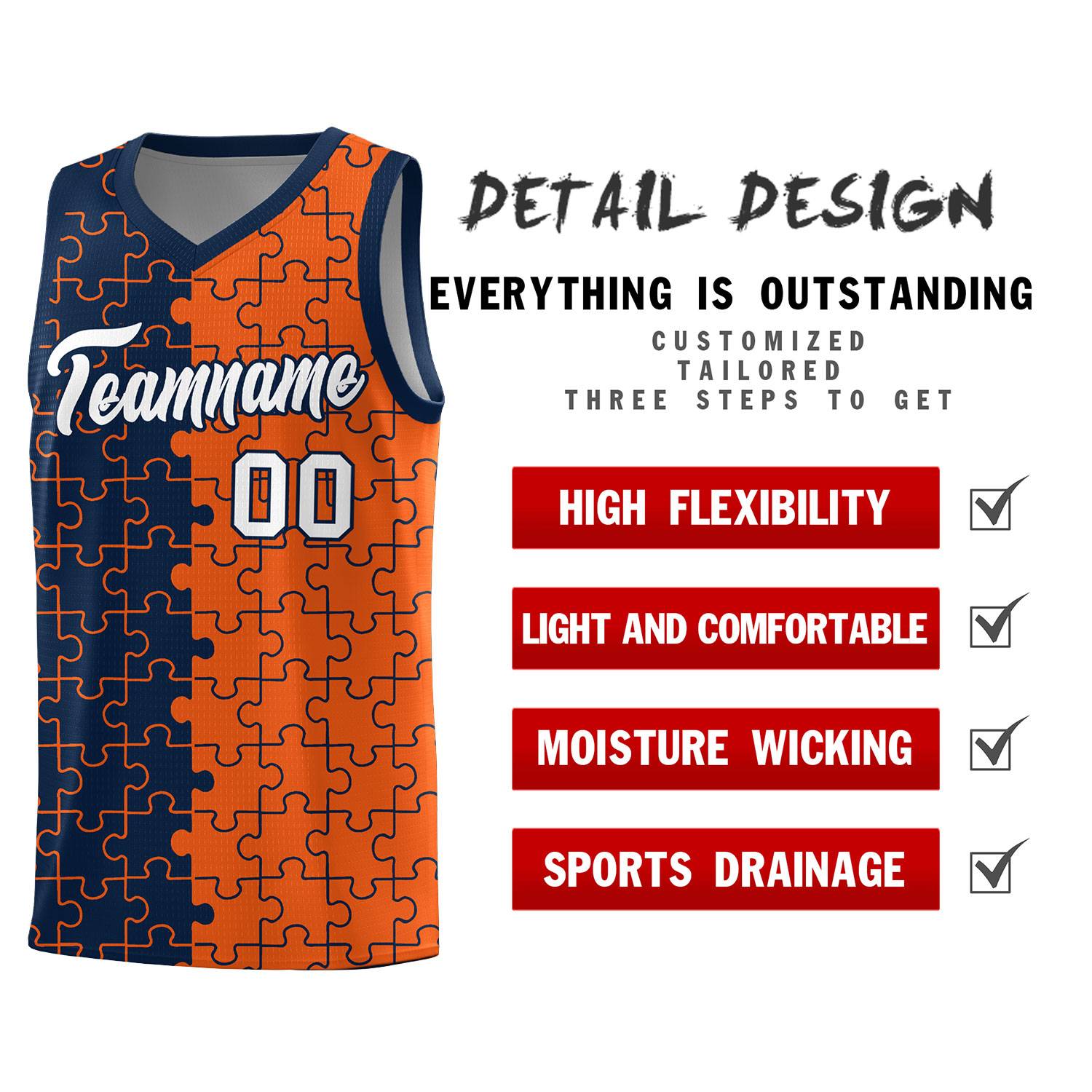 Custom Youth Basketball Jersey Navy Orange Puzzle Pattern Breathable Team Uniform