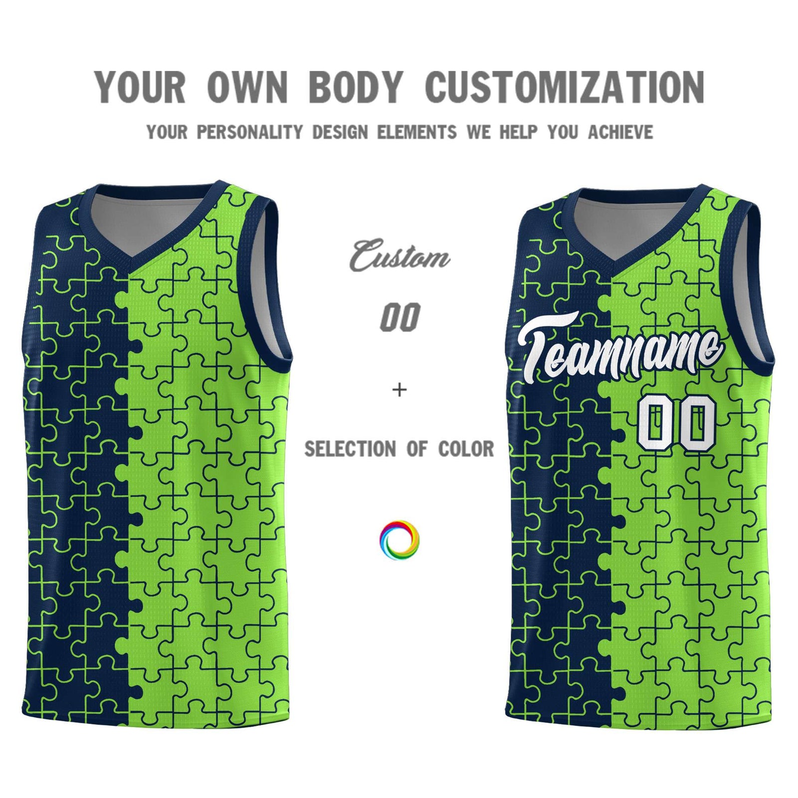 Custom Youth Basketball Jersey Navy Fluorescent Green Puzzle Pattern Moisture-Wicking Team Uniform