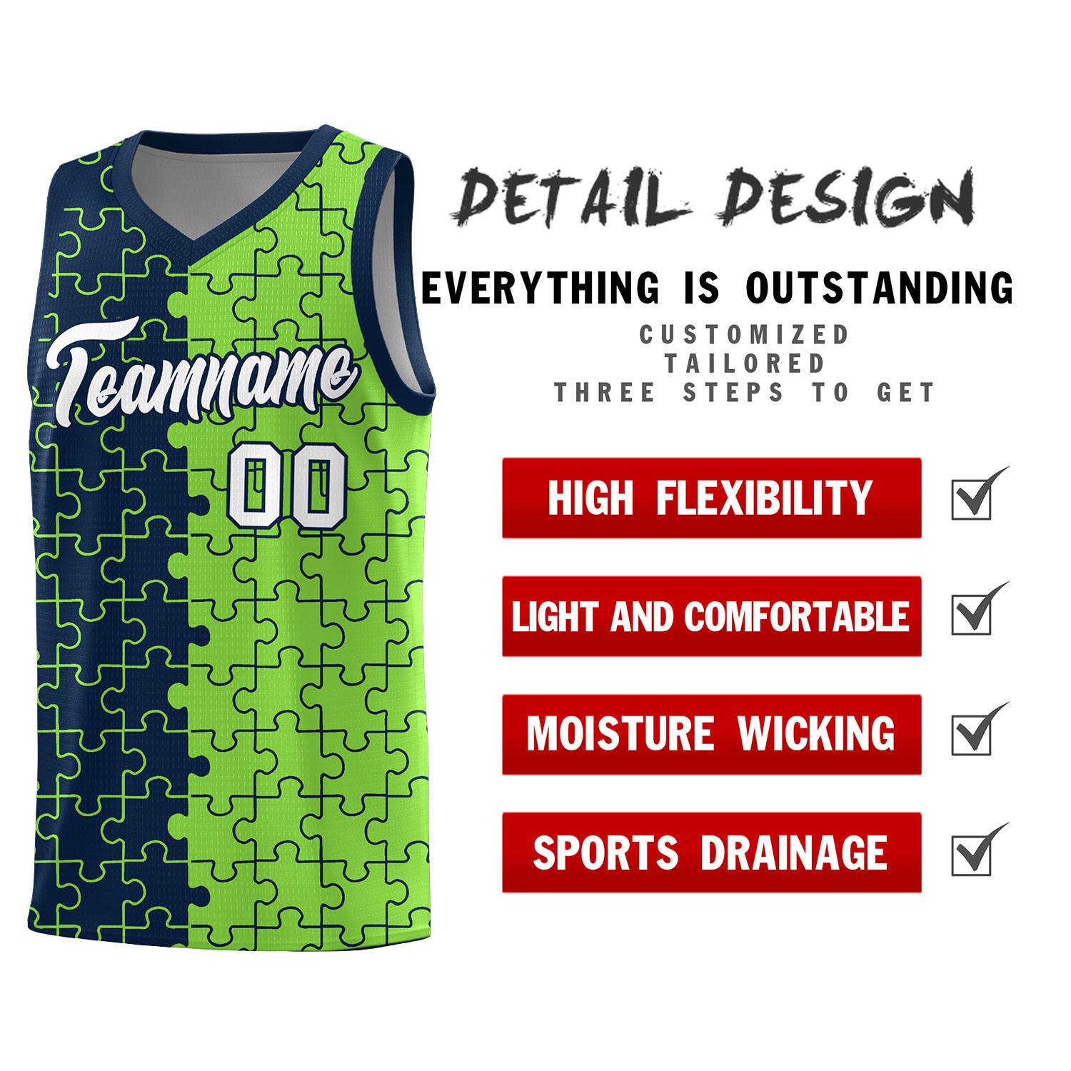 Custom Youth Basketball Jersey Navy Fluorescent Green Puzzle Pattern Moisture-Wicking Team Uniform