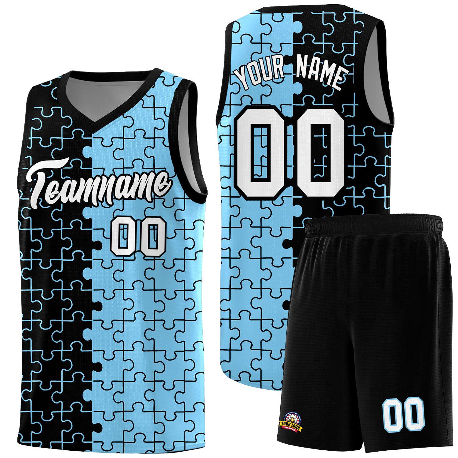 Custom Youth Basketball Jersey Black Light Blue Puzzle Pattern Add Name, Number & Team Logo