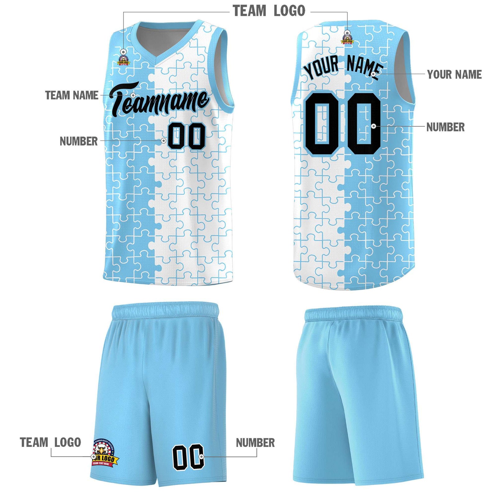 Custom Youth Basketball Jersey Light Blue White Puzzle Pattern Breathable Team Uniform