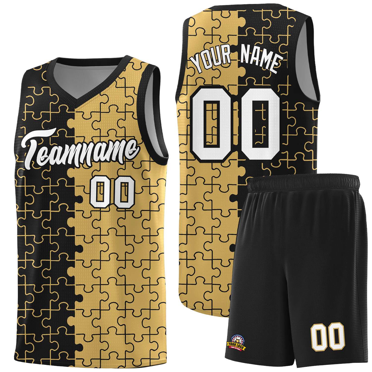 Custom Youth Basketball Jersey Black Old Gold Puzzle Pattern Moisture-Wicking Team Uniform