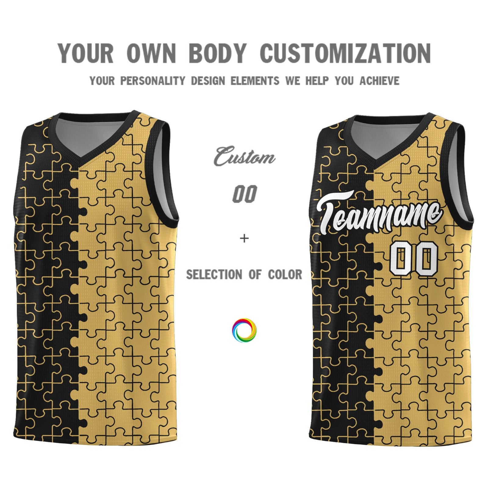 Custom Youth Basketball Jersey Black Old Gold Puzzle Pattern Moisture-Wicking Team Uniform