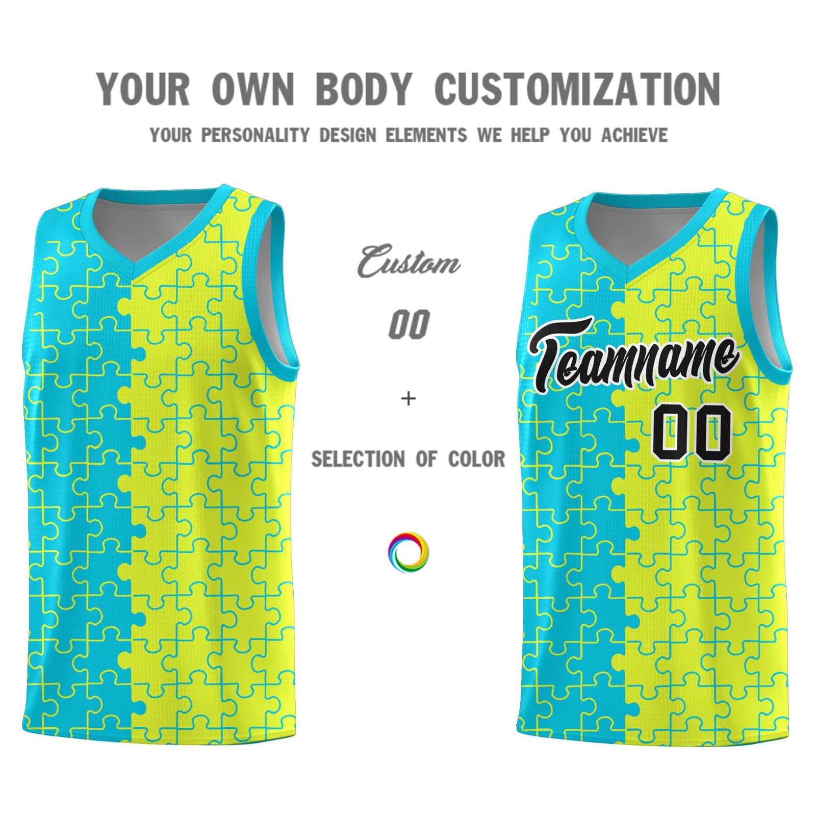 Custom Youth Basketball Jersey Sky Blue Fluorescent Green Puzzle Pattern Personalized Team Uniform