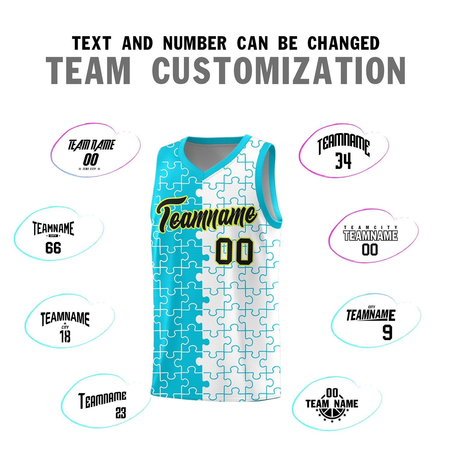 Custom Youth Basketball Jersey Sky Blue White Puzzle Pattern Breathable Team Uniform
