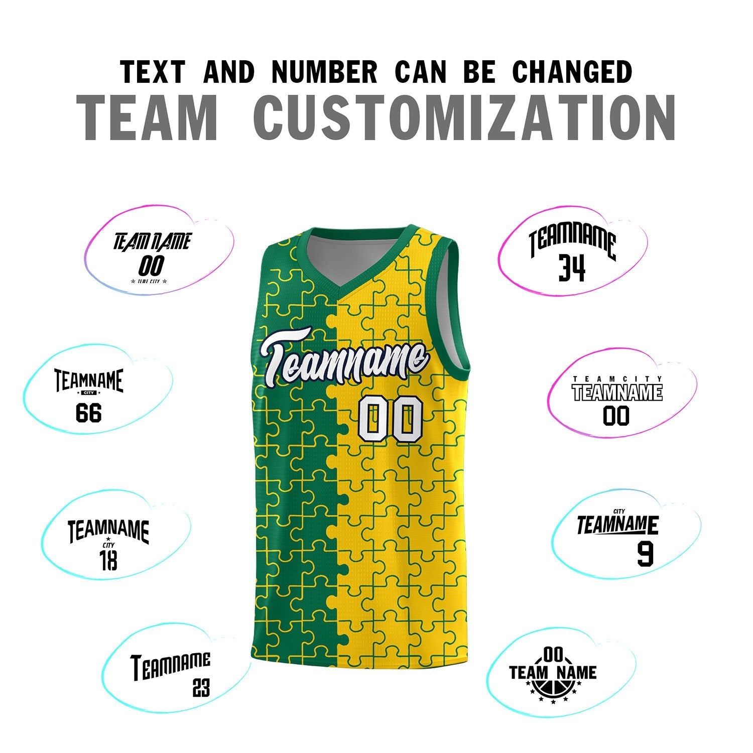 Custom Youth Basketball Jersey Kelly Green Gold Puzzle Pattern Personalized Team Uniform