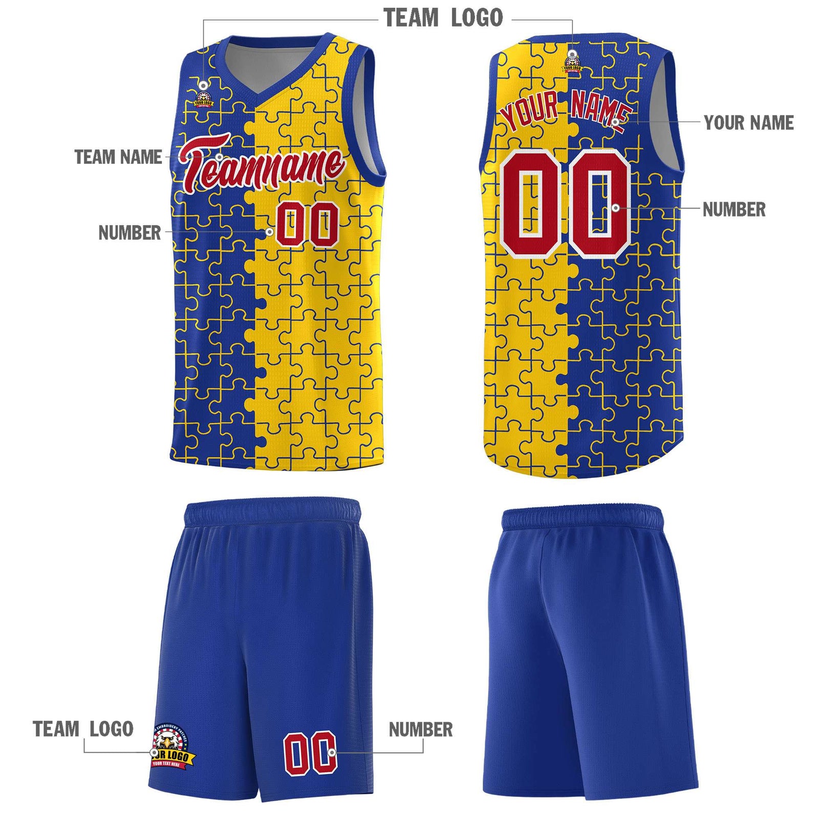 Custom Youth Basketball Jersey Royal Blue Gold Puzzle Pattern Add Name, Number & Team Logo