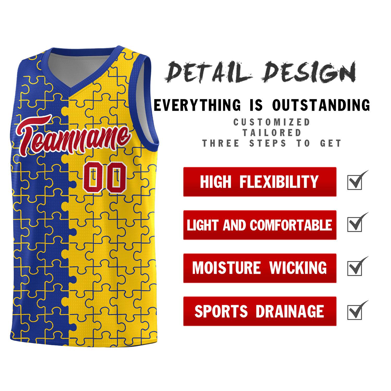 Custom Youth Basketball Jersey Royal Blue Gold Puzzle Pattern Add Name, Number & Team Logo