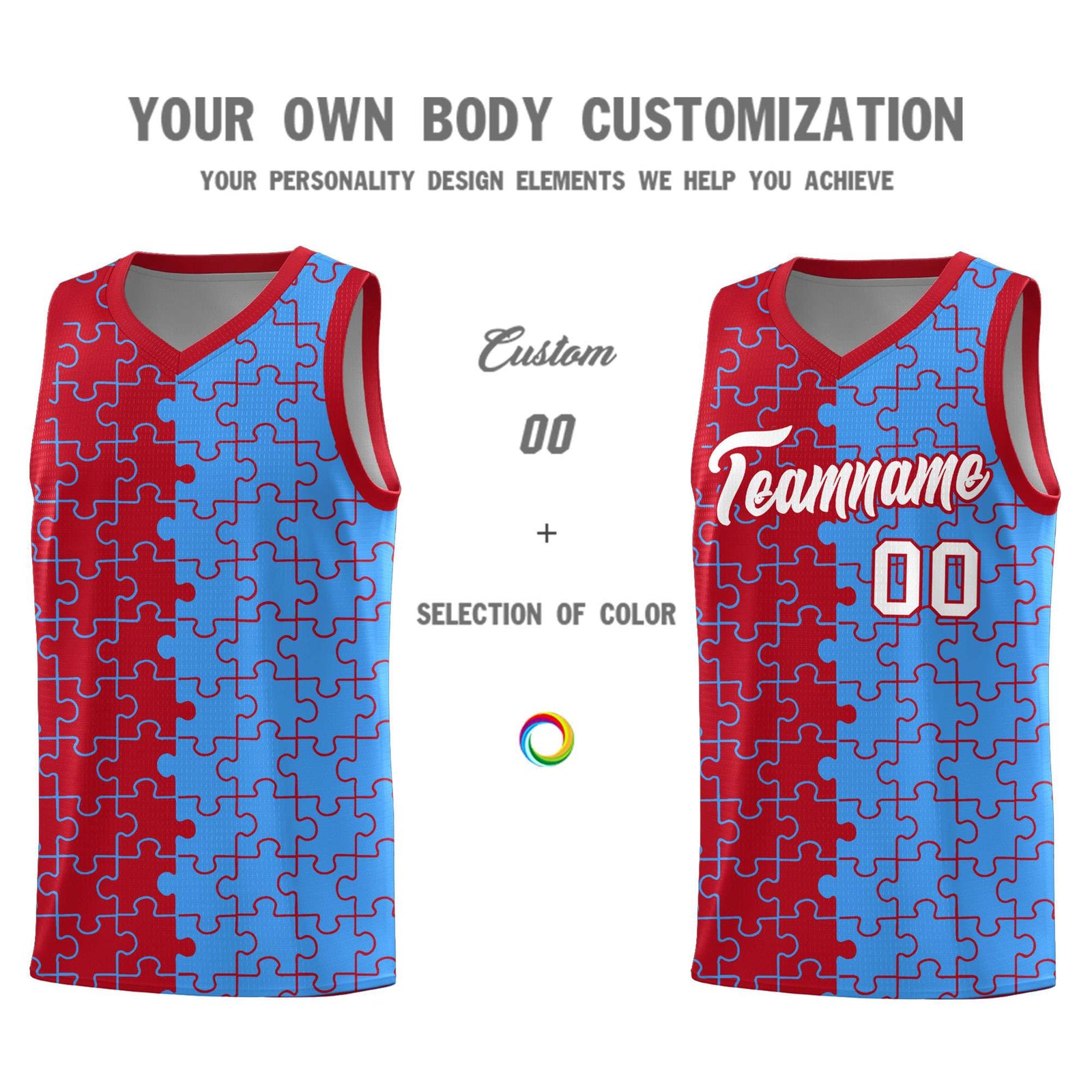 Custom Youth Basketball Jersey Red Light Blue Puzzle Pattern Moisture-Wicking Team Uniform