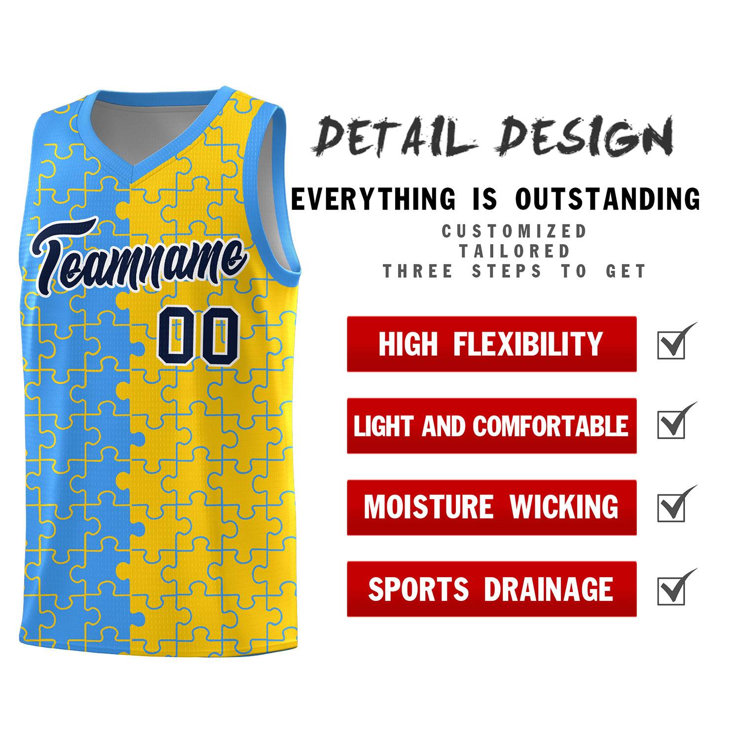 Custom Youth Basketball Jersey Light Blue Gold Puzzle Pattern Add Name, Number & Team Logo