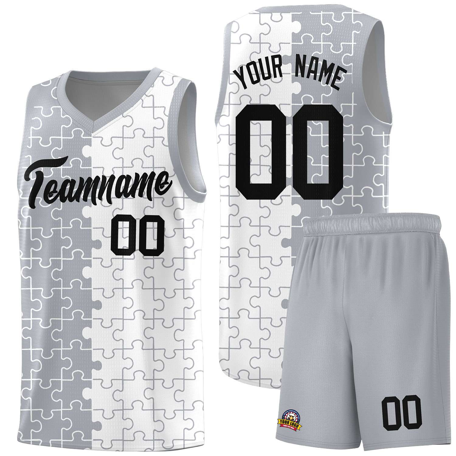 Custom Youth Basketball Jersey Gray White Puzzle Pattern Personalized Team Uniform