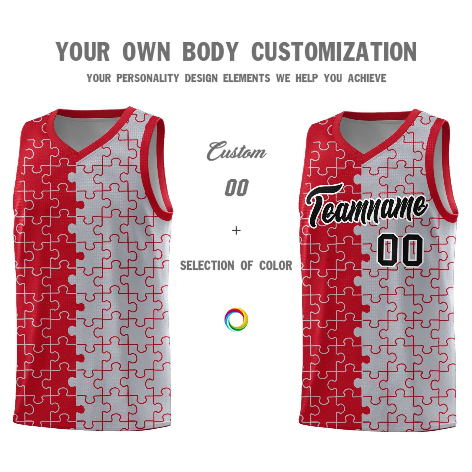 Custom Youth Basketball Jersey Red Gray Puzzle Pattern Add Name, Number & Team Logo