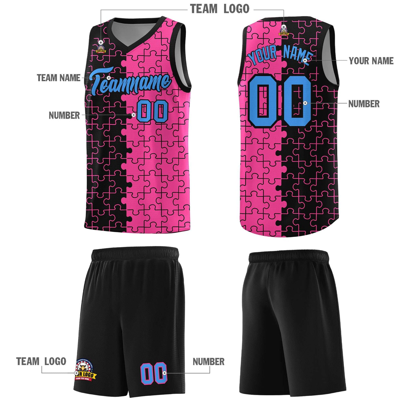Custom Youth Basketball Jersey Black Pink Puzzle Pattern Add Name, Number & Team Logo