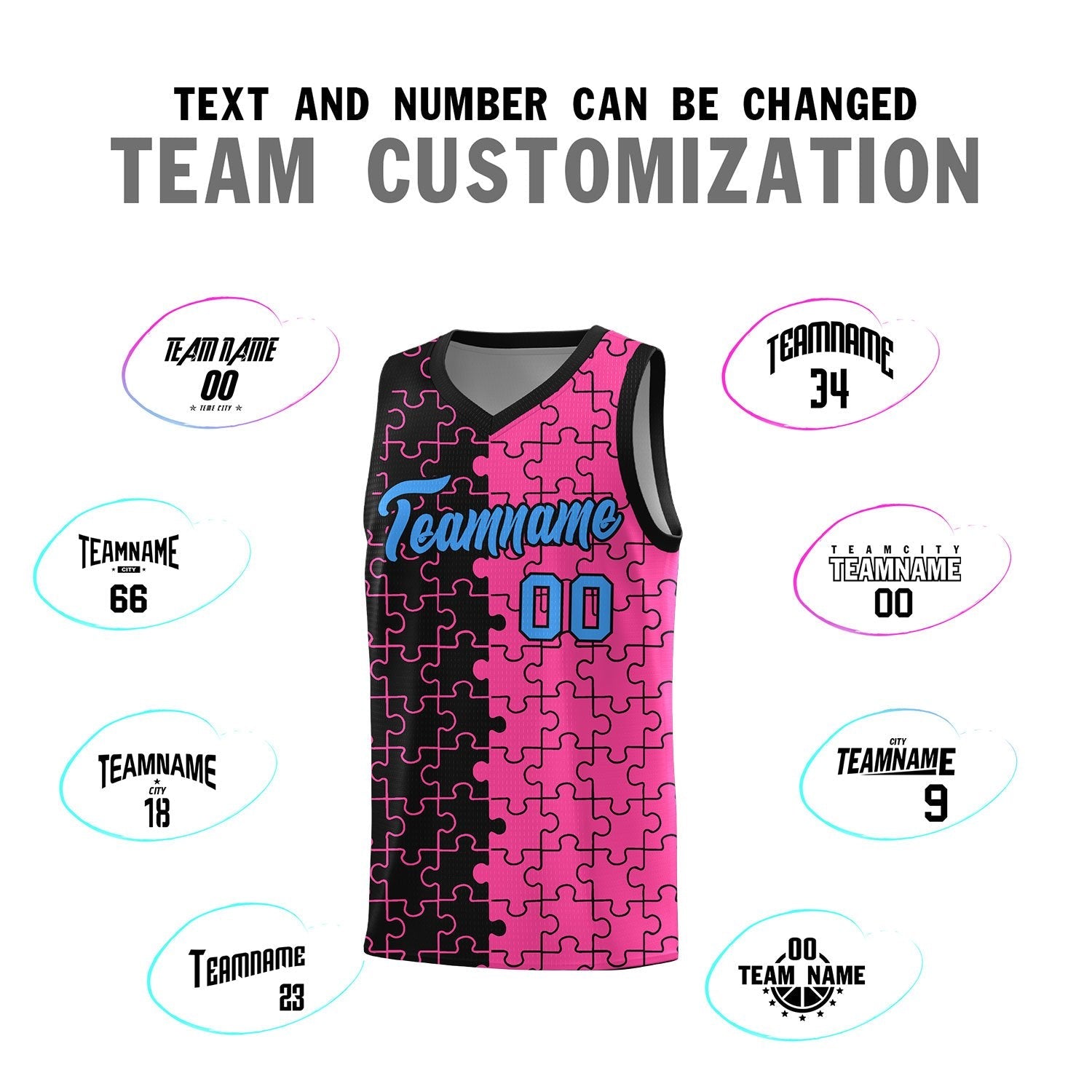 Custom Youth Basketball Jersey Black Pink Puzzle Pattern Add Name, Number & Team Logo