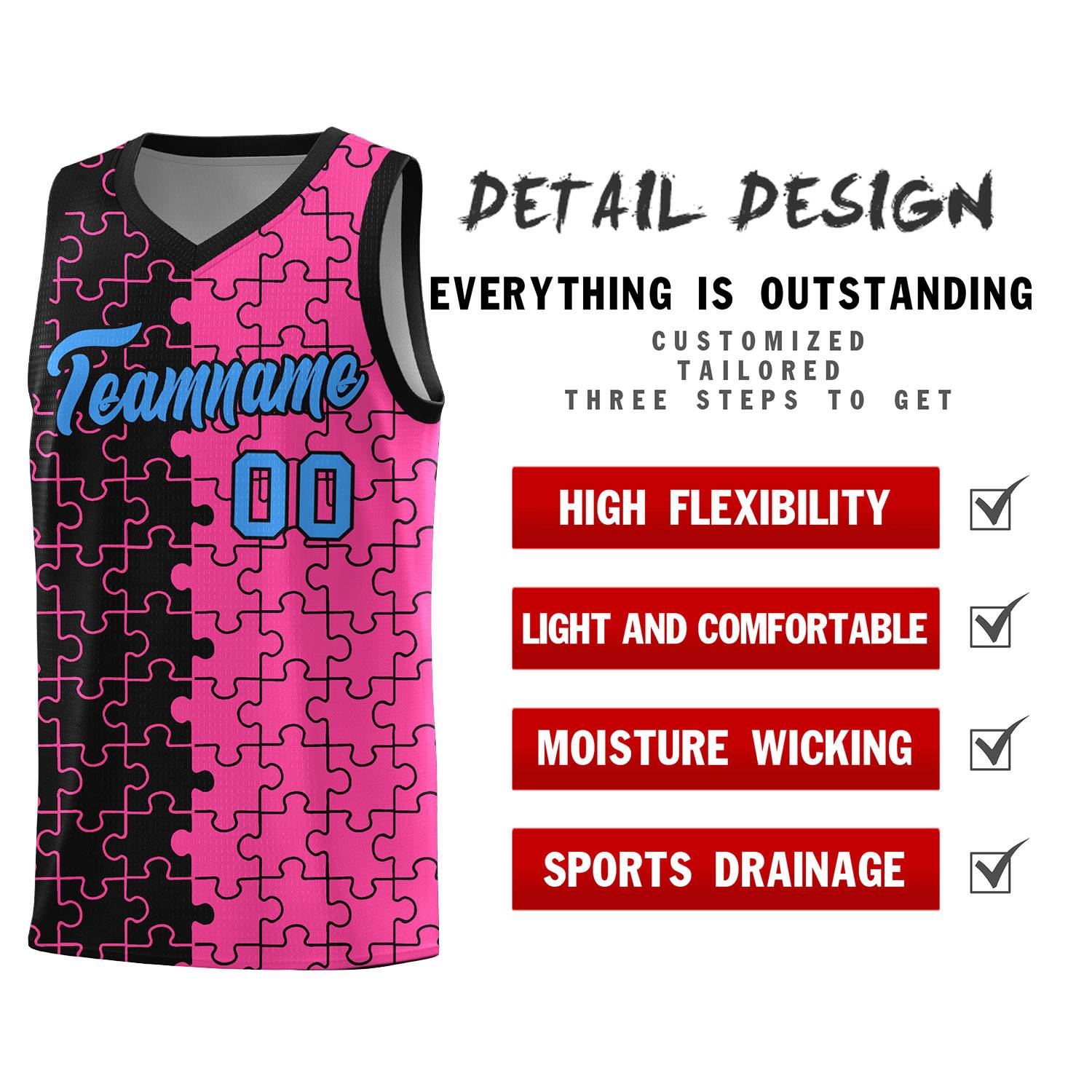 Custom Youth Basketball Jersey Black Pink Puzzle Pattern Add Name, Number & Team Logo