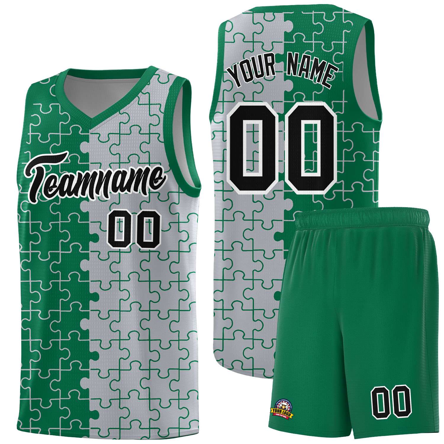 Custom Youth Basketball Jersey Kelly Green Gray Puzzle Pattern Add Name, Number & Team Logo