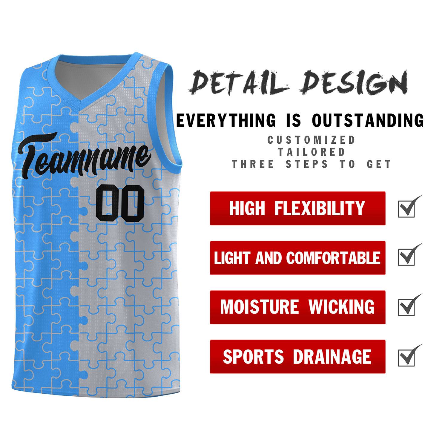 Custom Youth Basketball Jersey Light Blue Gray Puzzle Pattern Add Name, Number & Team Logo