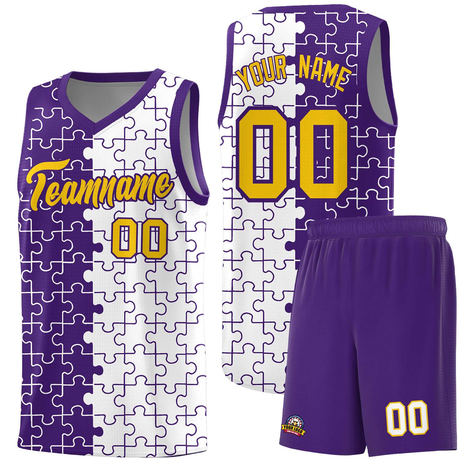 Custom Youth Basketball Jersey Purple White Puzzle Pattern Add Name, Number & Team Logo