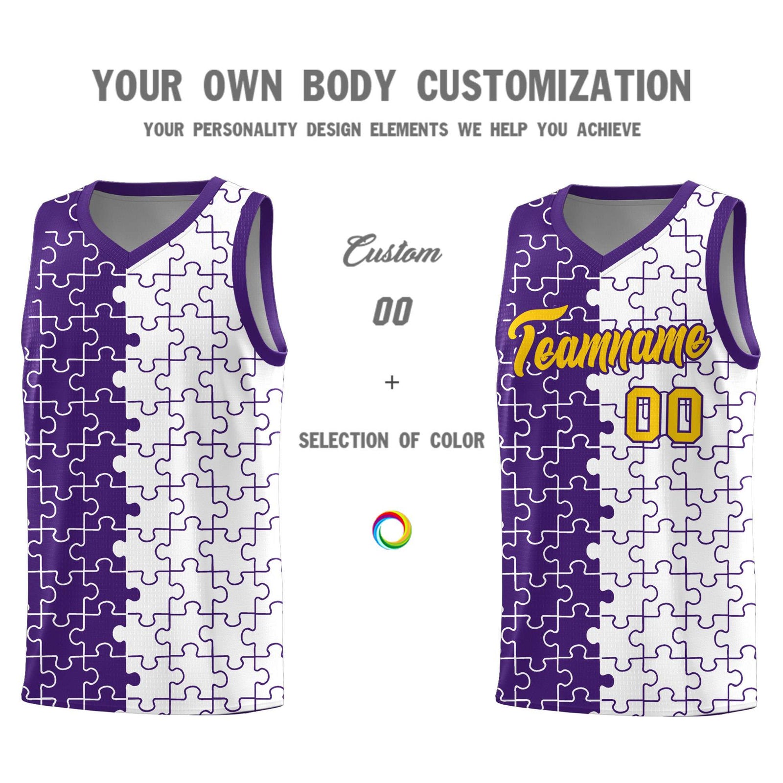 Custom Youth Basketball Jersey Purple White Puzzle Pattern Add Name, Number & Team Logo