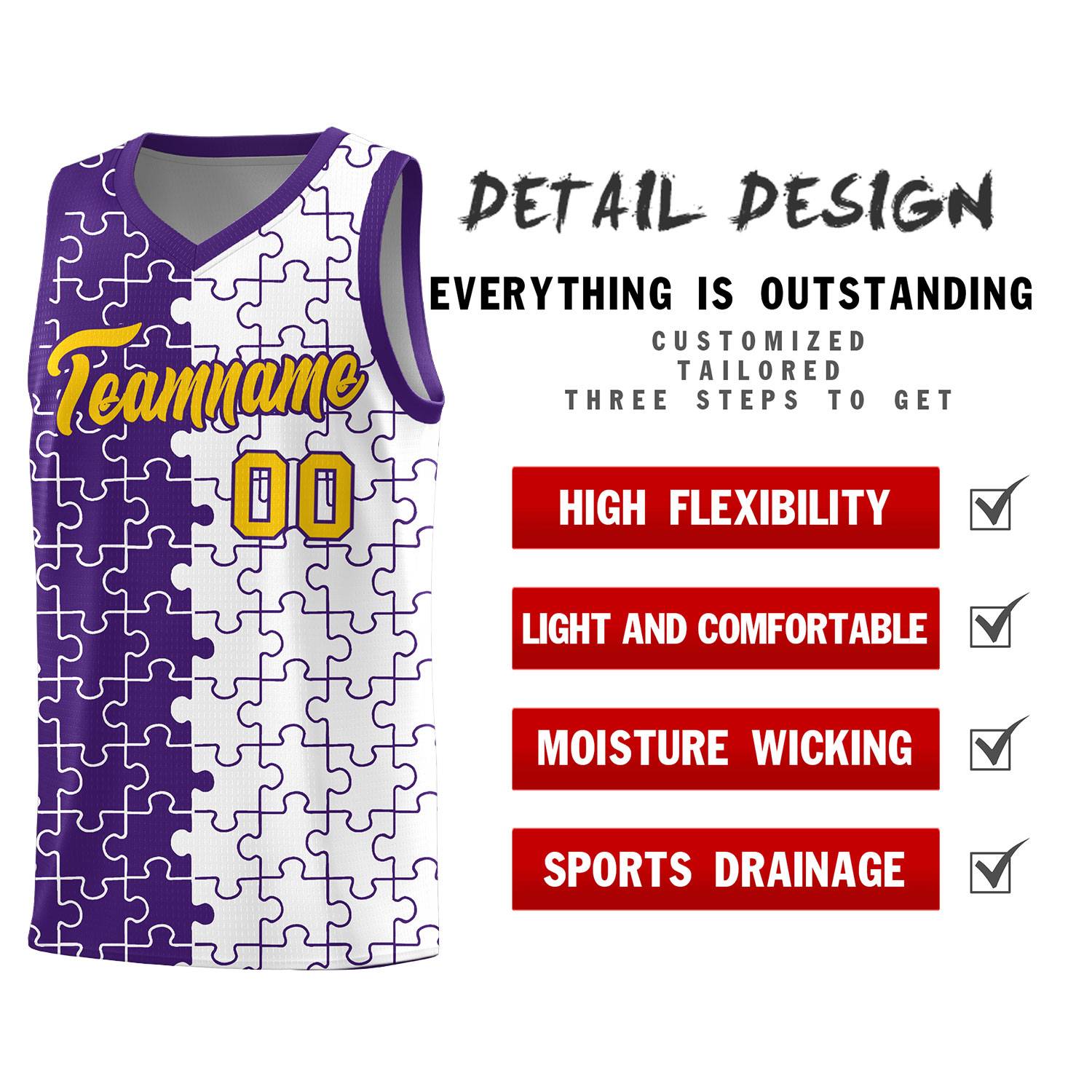 Custom Youth Basketball Jersey Purple White Puzzle Pattern Add Name, Number & Team Logo