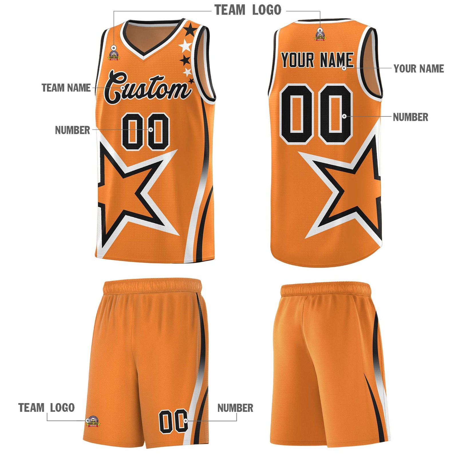 Custom Gold Orange Shoulder Stars Graffiti Pattern Sets Basketball Jersey