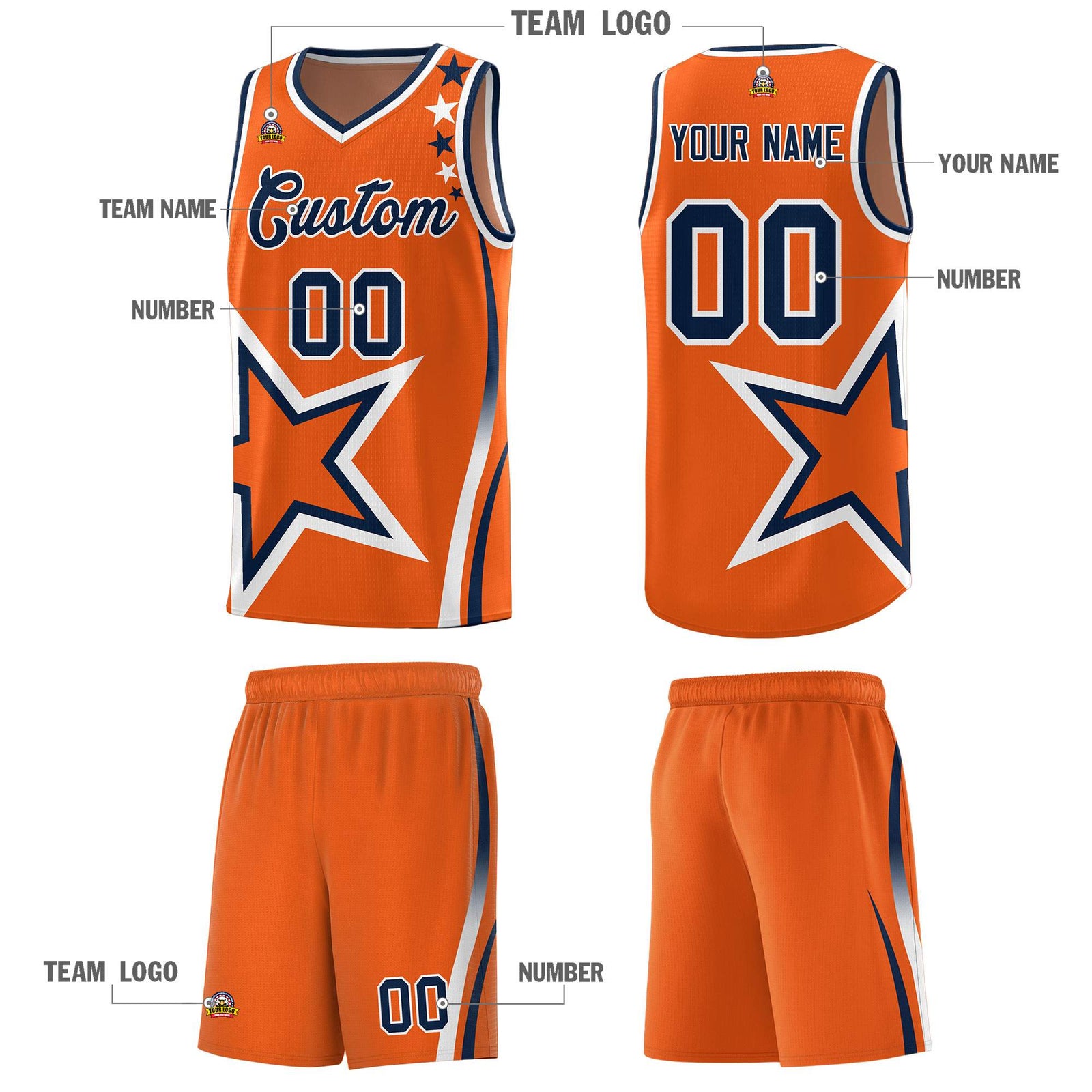 Custom Gold Orange Shoulder Stars Graffiti Pattern Sets Basketball Jersey