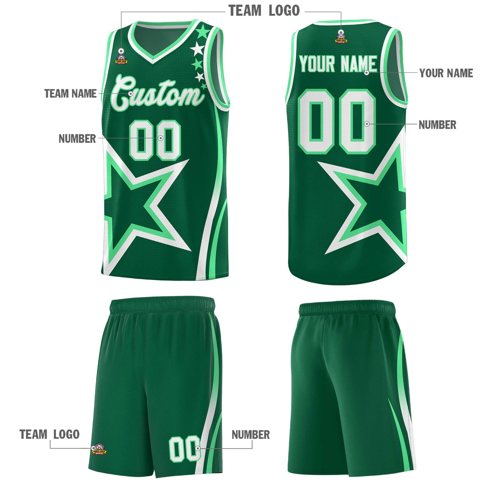 Custom Green Shoulder Stars Graffiti Pattern Sets Basketball Jersey