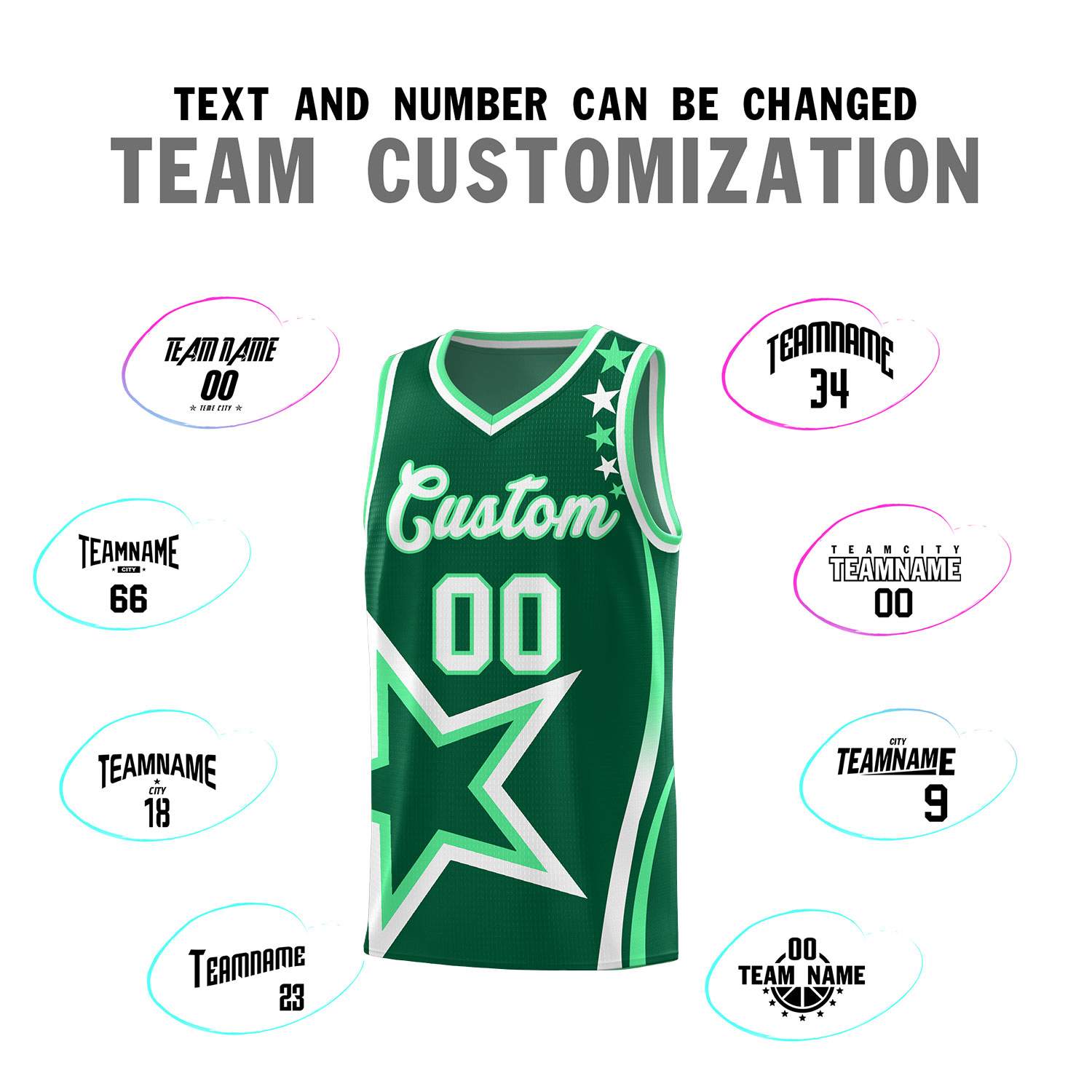 Custom Green Shoulder Stars Graffiti Pattern Sets Basketball Jersey
