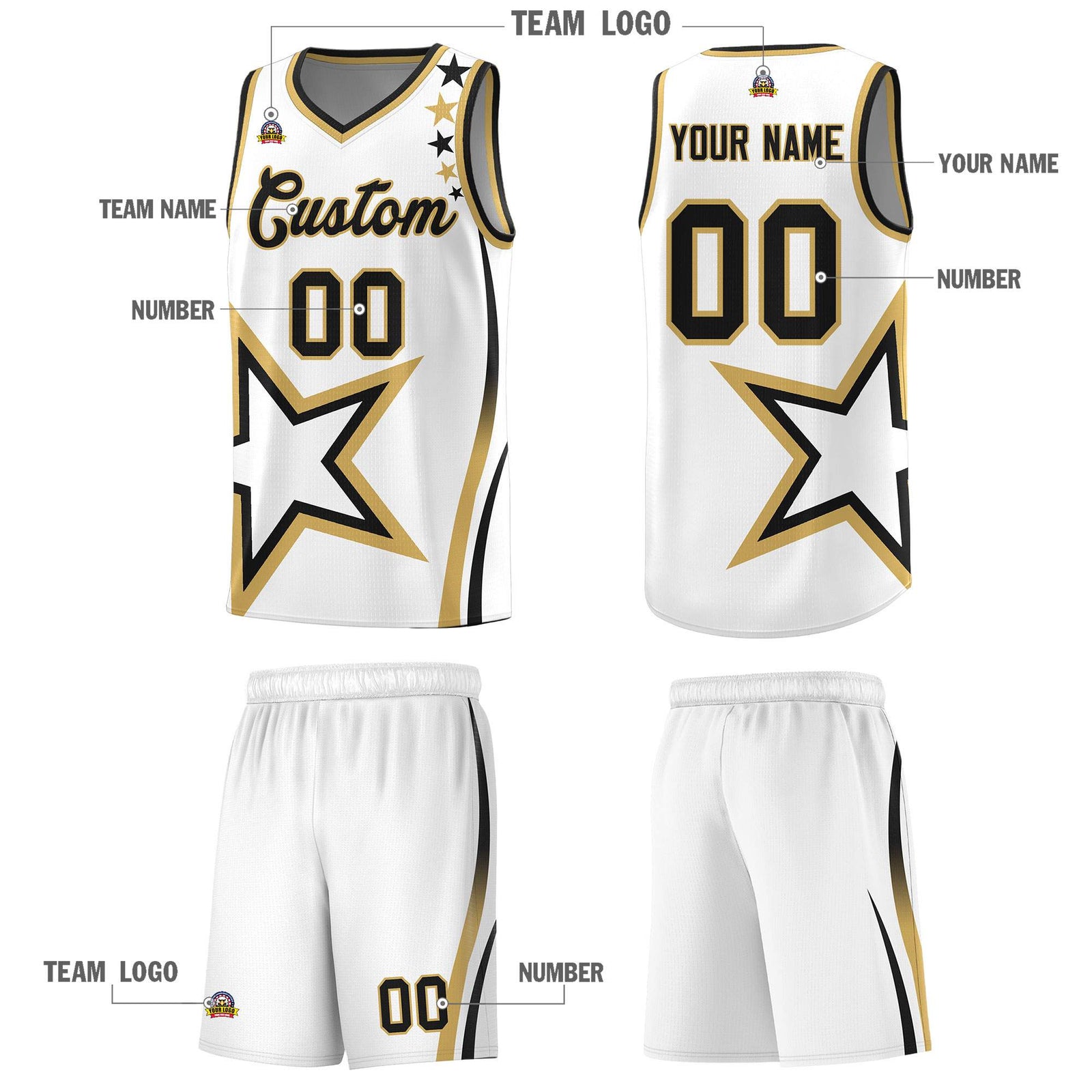 Custom White Shoulder Stars Graffiti Pattern Sets Basketball Jersey