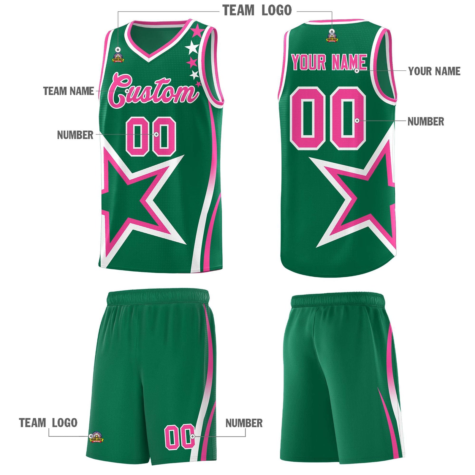Custom Kelly Green Shoulder Stars Graffiti Pattern Sets Basketball Jersey