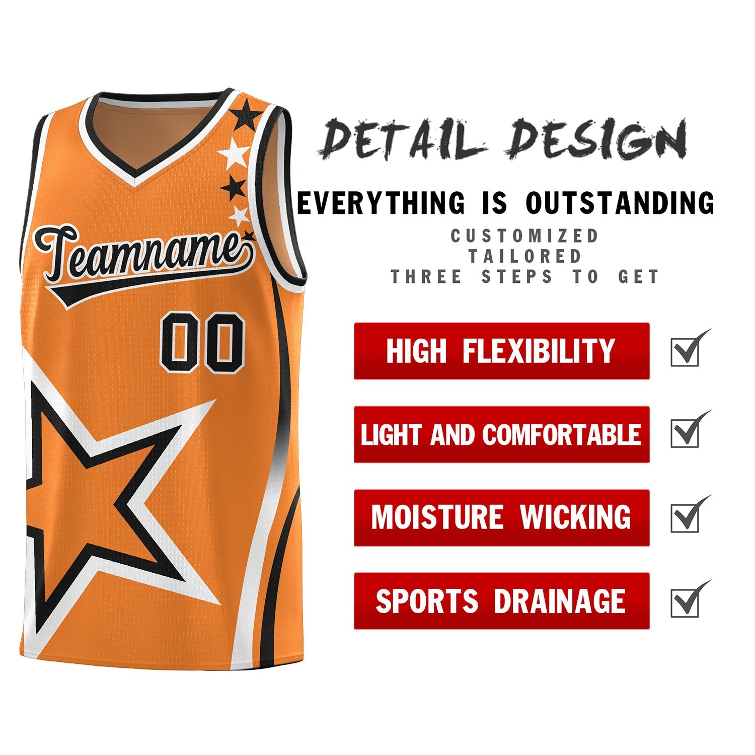 Custom Gold Orange Shoulder Stars Graffiti Pattern Sets Basketball Jersey