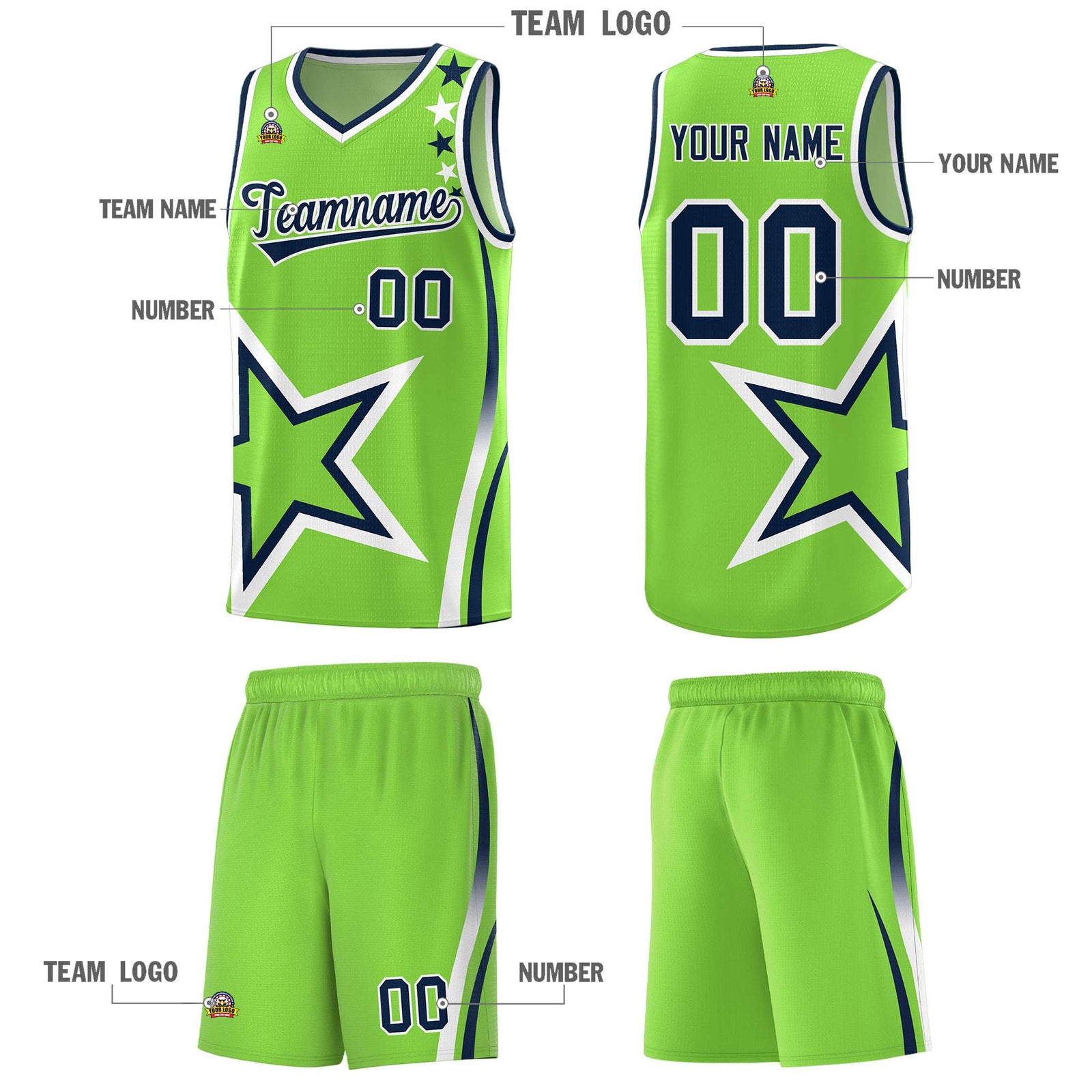 Custom Neon Green Shoulder Stars Graffiti Pattern Sets Basketball Jersey