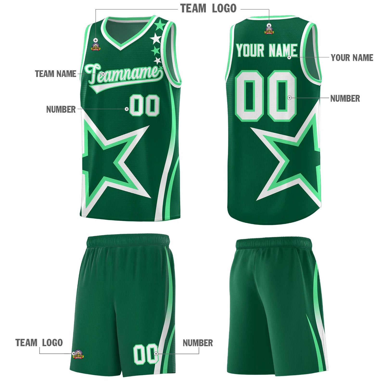 Custom Green Shoulder Stars Graffiti Pattern Sets Basketball Jersey