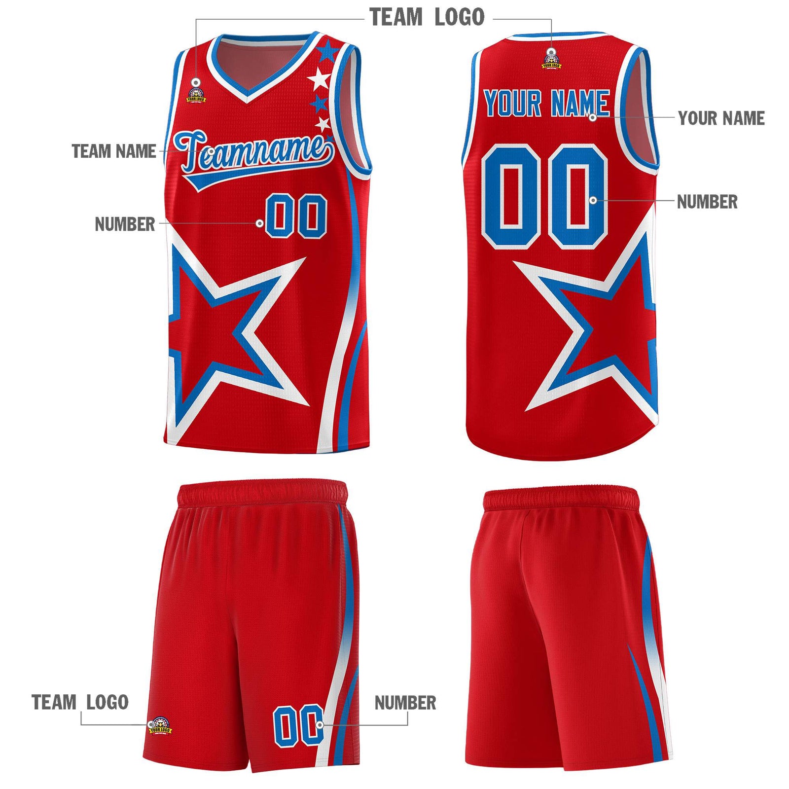 Custom Red Shoulder Stars Graffiti Pattern Sets Basketball Jersey