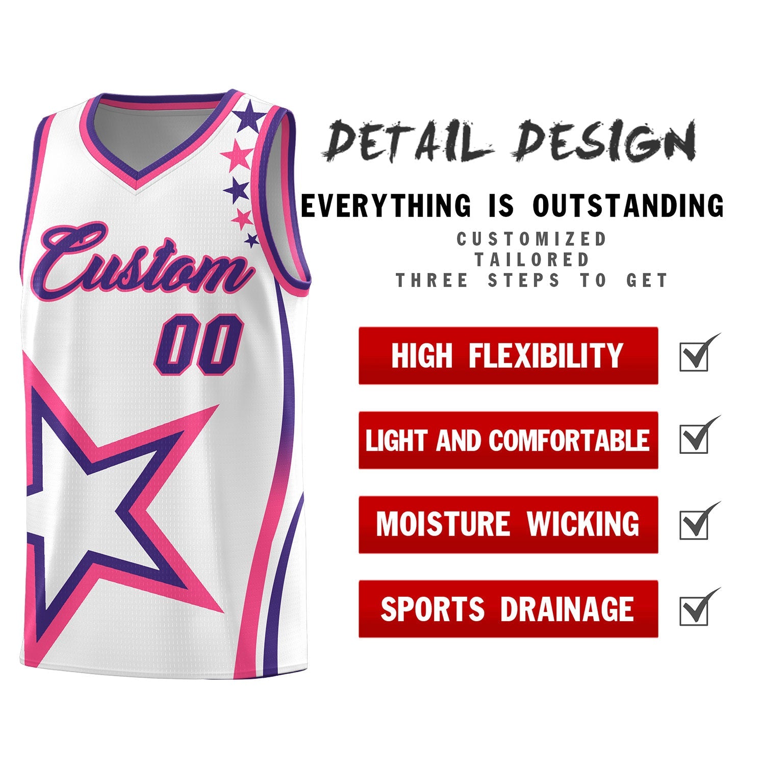 Custom White Shoulder Stars Graffiti Pattern Sets Basketball Jersey