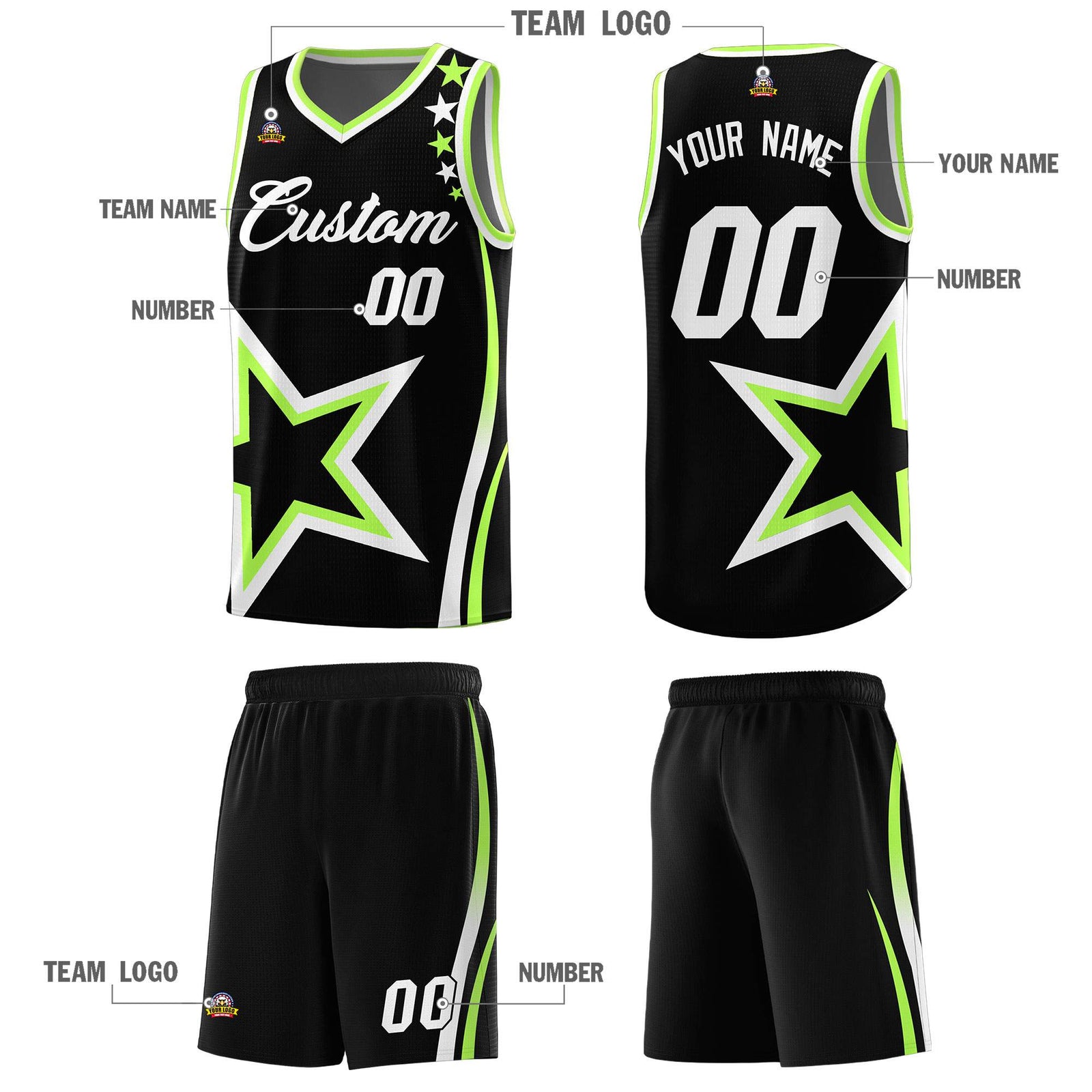 Custom Black Shoulder Stars Graffiti Pattern Sets Basketball Jersey