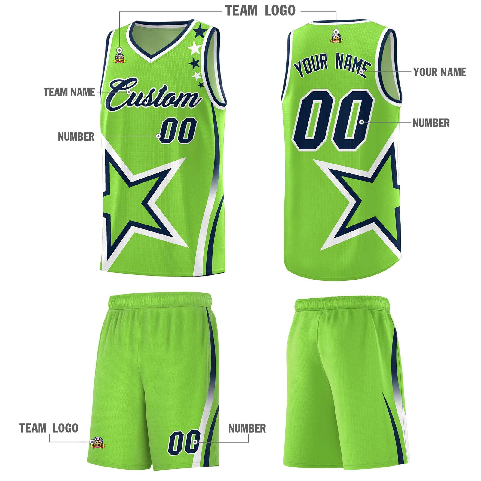 Custom Neon Green Shoulder Stars Graffiti Pattern Sets Basketball Jersey